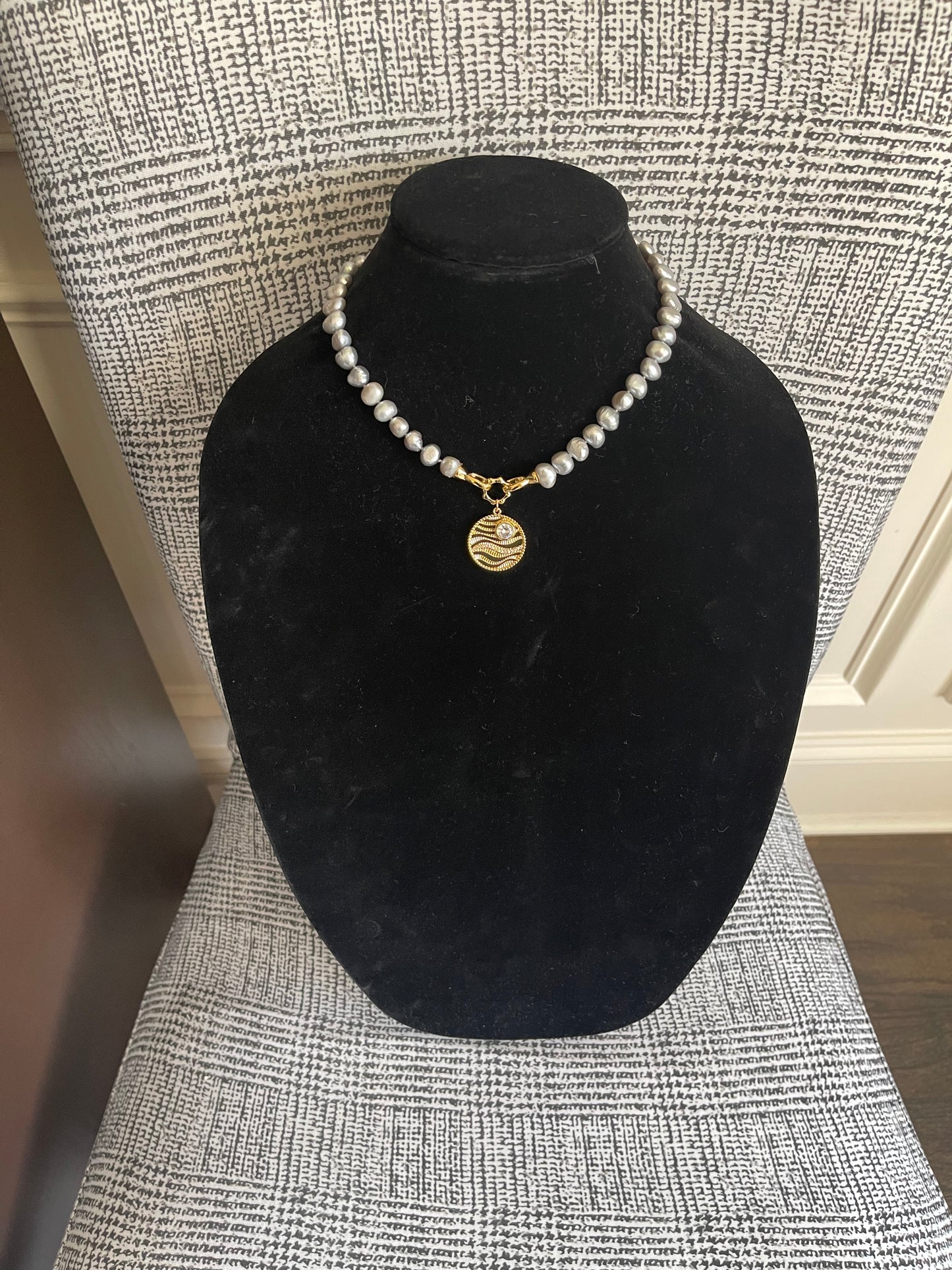 Sunny Day On The Ocean Necklace: One of a Kind Silver Gray Pearls Hand Knotted with Gold Filled Clasp and Charm