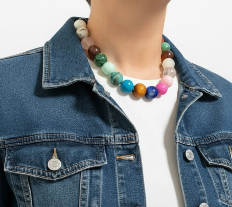 The Gathered Color Necklace: multi color intricate beads with a tiny pop of gold
