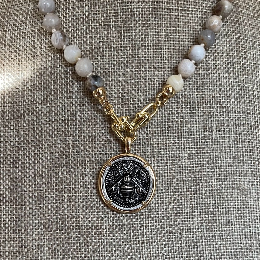 Agate Bee Necklace: Handknotted Bamboo Agate Beads with an Ancient Greek Reproduction Coin Pendant