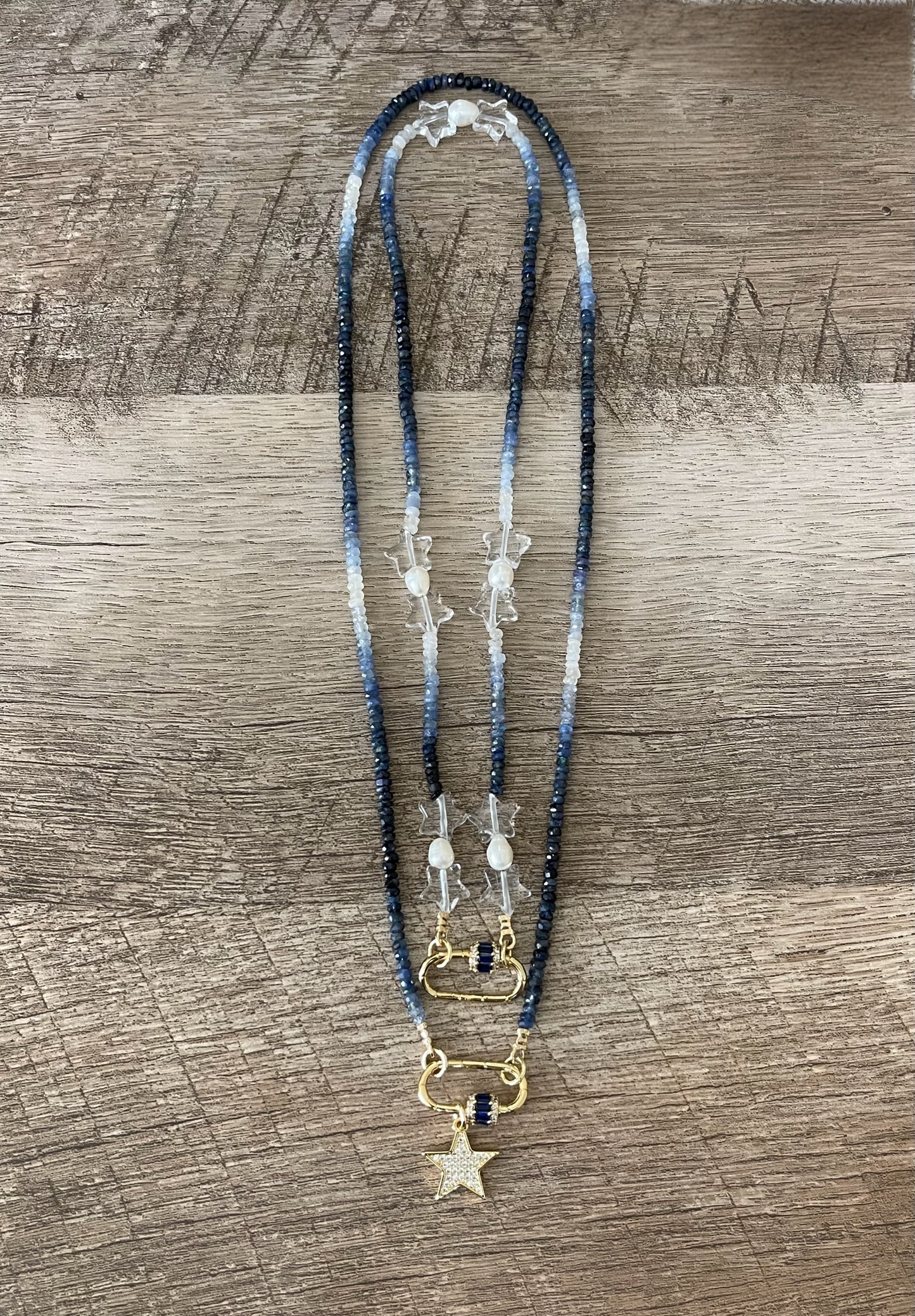 Starry Sky Necklace: Faceted Sapphire Gemstone beads in ombré pattern, Clear Quartz Stars, Freshwater Pearls, Gold clasp w blue CZ OOAK