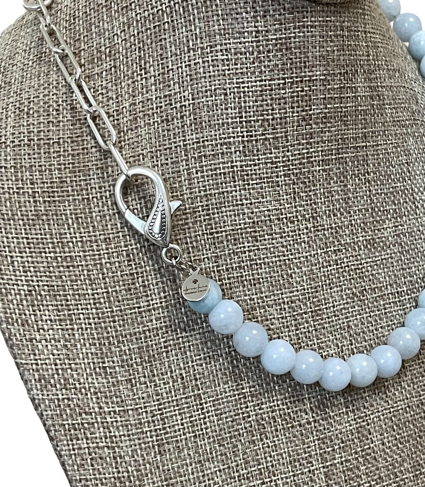 Aquamarine Affinity Necklace: Natural Aquamarine 10mm beads Silver oversized clasp w chain