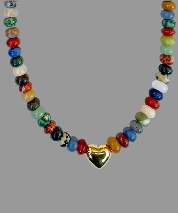Colors of Love Necklace: Mixed Variety of Natural Stones with a Gold Heart Centerpiece