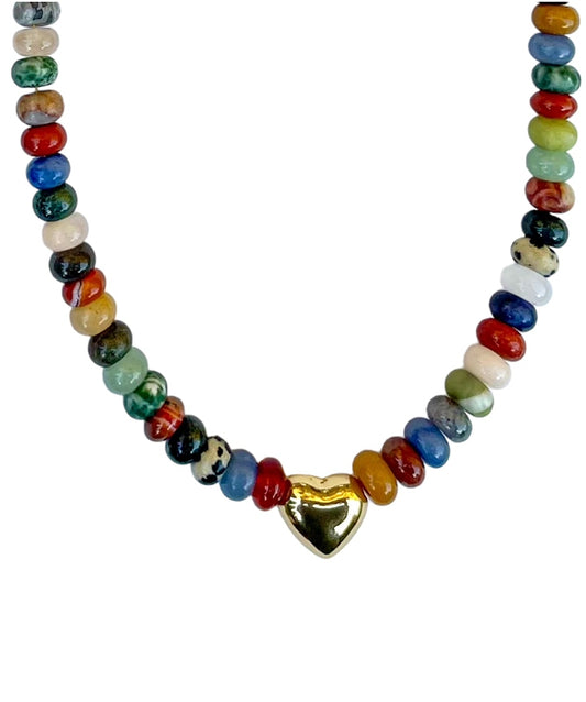 Colors of Love Necklace: Mixed Variety of Natural Stones with a Gold Heart Centerpiece