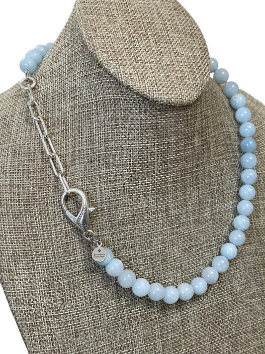 Aquamarine Affinity Necklace: Natural Aquamarine 10mm beads Silver oversized clasp w chain