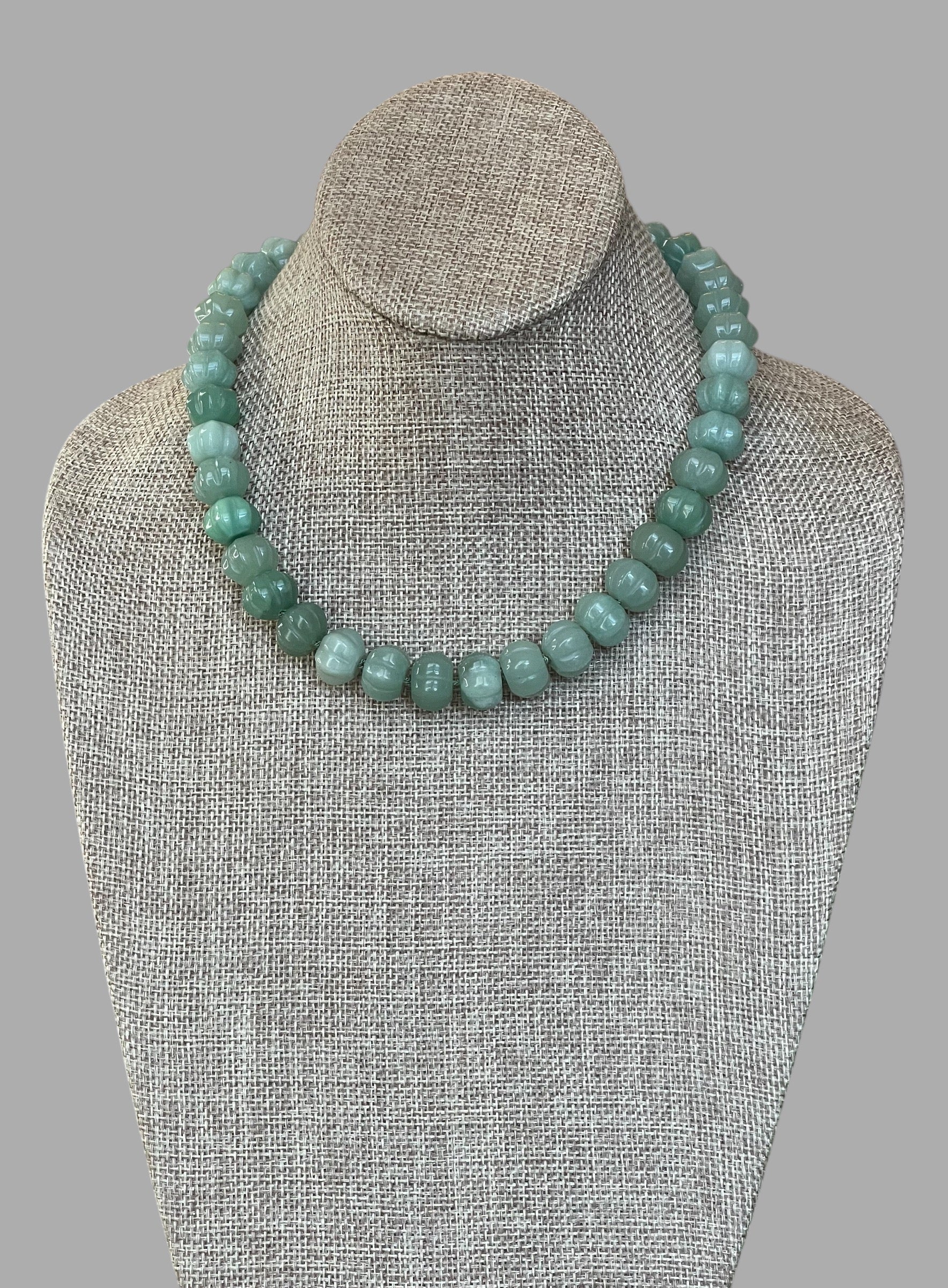 Sage Serenade Necklace OOAK: Sage green hand carved gemstones Hand-knotted on silk