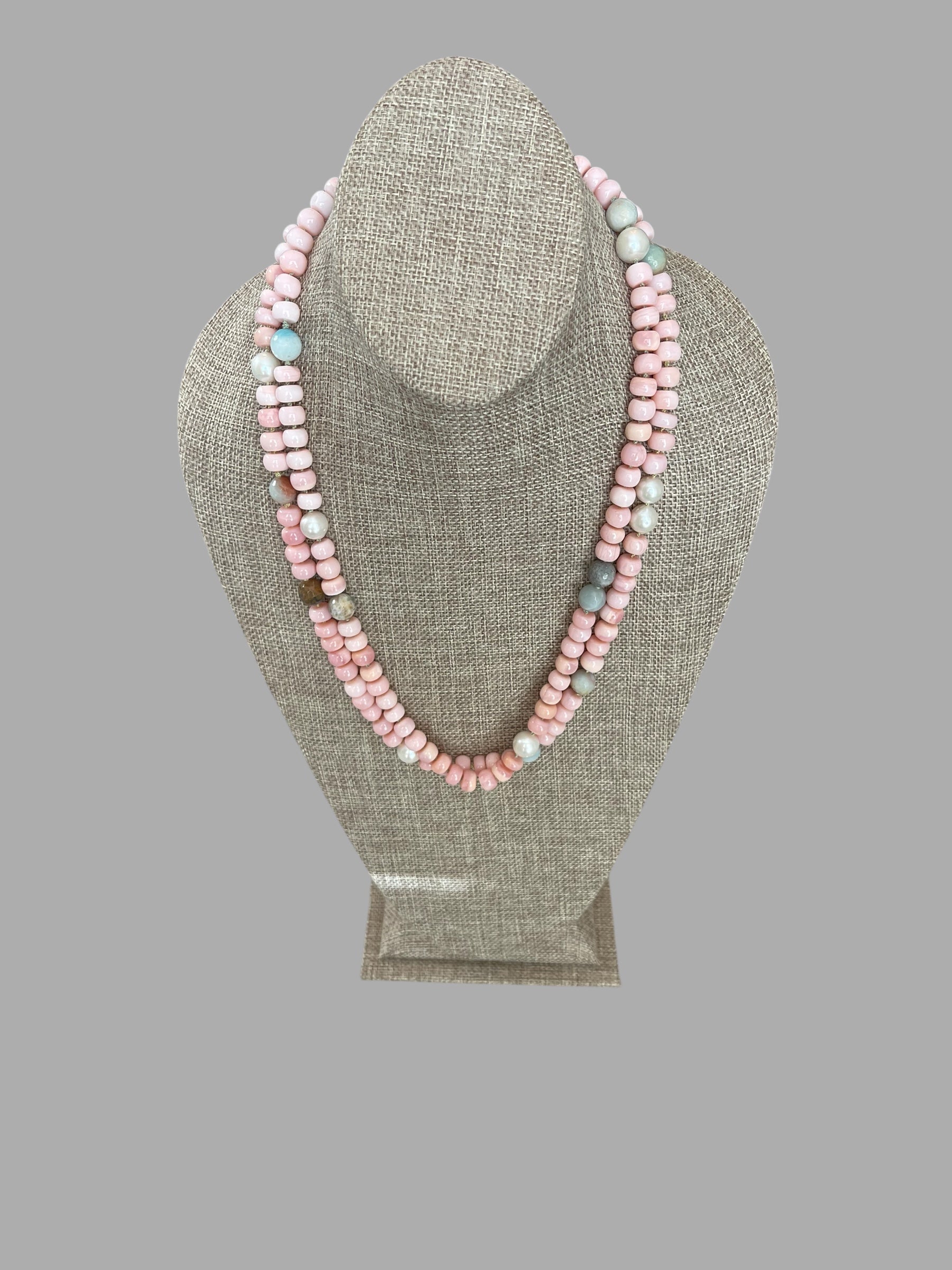 The Audrey Necklace: Natural pink opals hand knotted on pale green silk w Pearls and Amazonite
