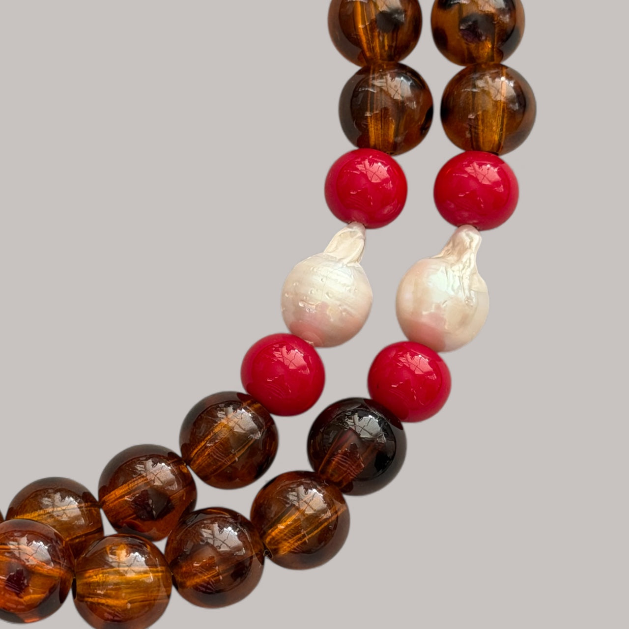Tortoiseshell Holiday Collar: Resin beads with a natural Baroque Pearl and red glass beads Limited Edition