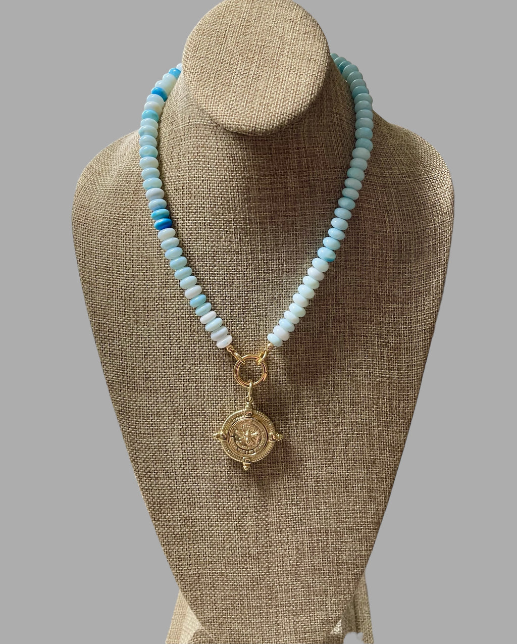 The Skylar Necklace: Sky Blue Opals with a Gold Circle Clasp and French Bee Coin Style Charm OOAK