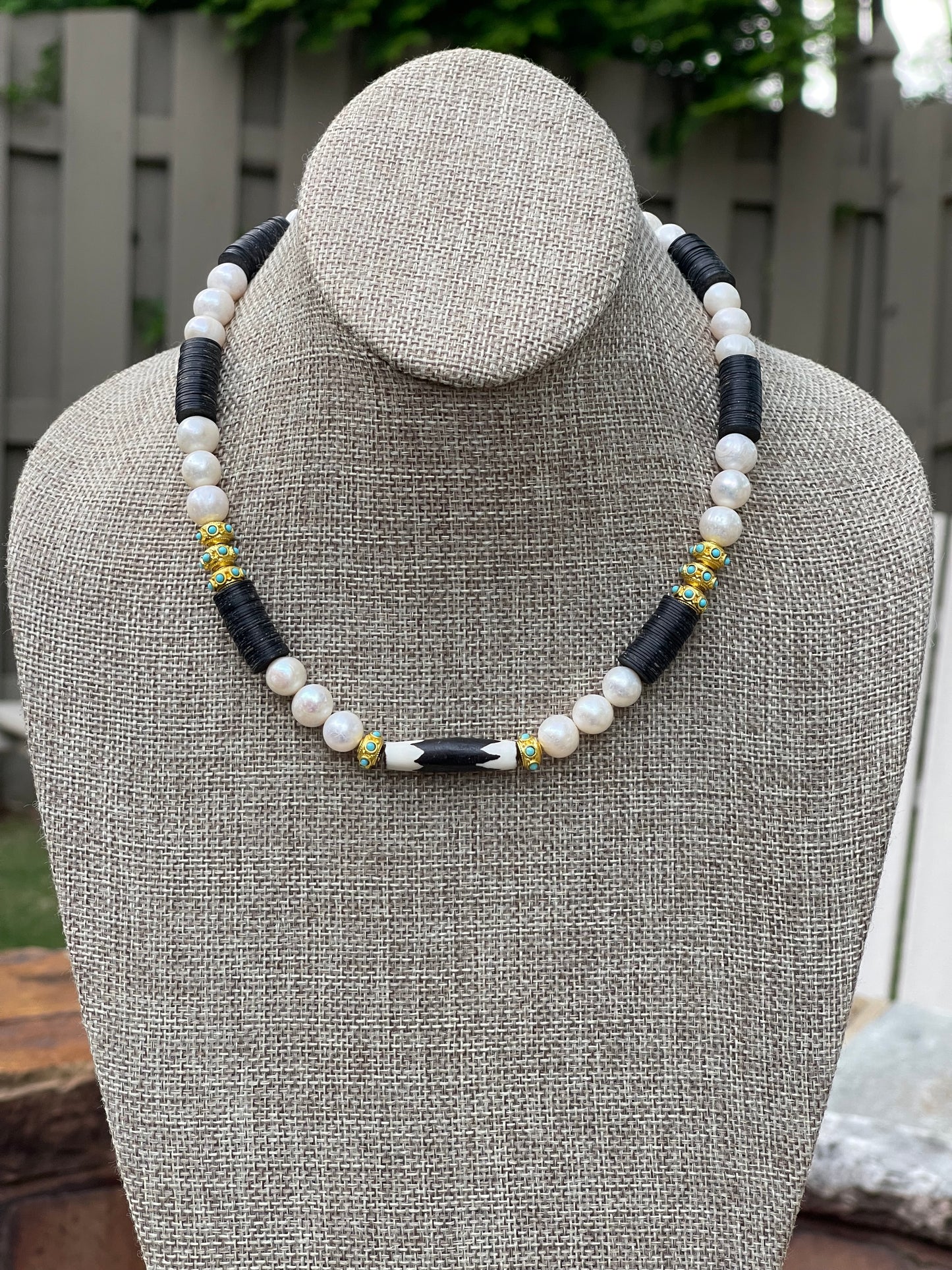 Tribal Throne Necklace: Creamy Freshwater Pearls African beads & gold accents OOAK