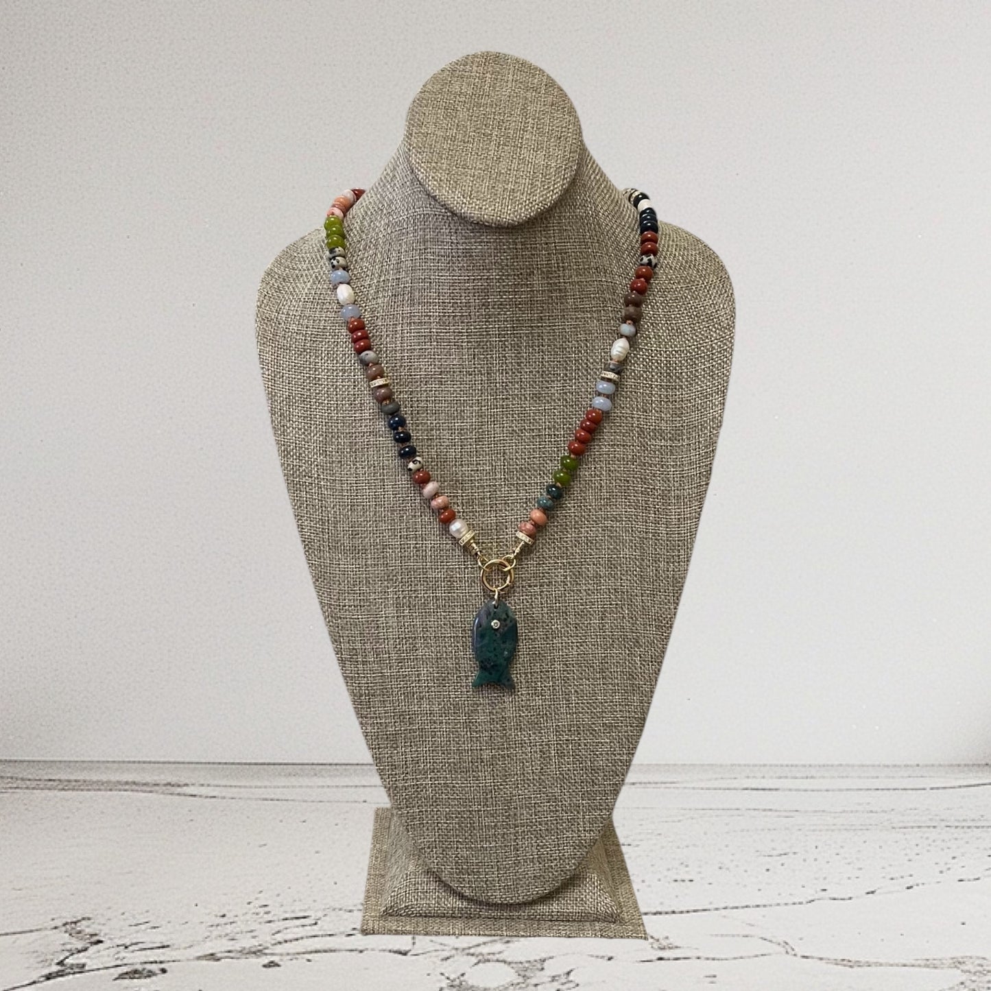 Reel Beauty 🎣 Mixed Gemstone necklace with Gold accents Gemstone fish pendant 3 options