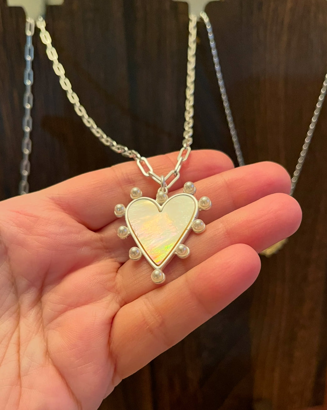 Silver Siren Necklace OOAK: Bright silver Paperclip chain with a stunning Pearl trimmed heart pendant with a mother of pearl center