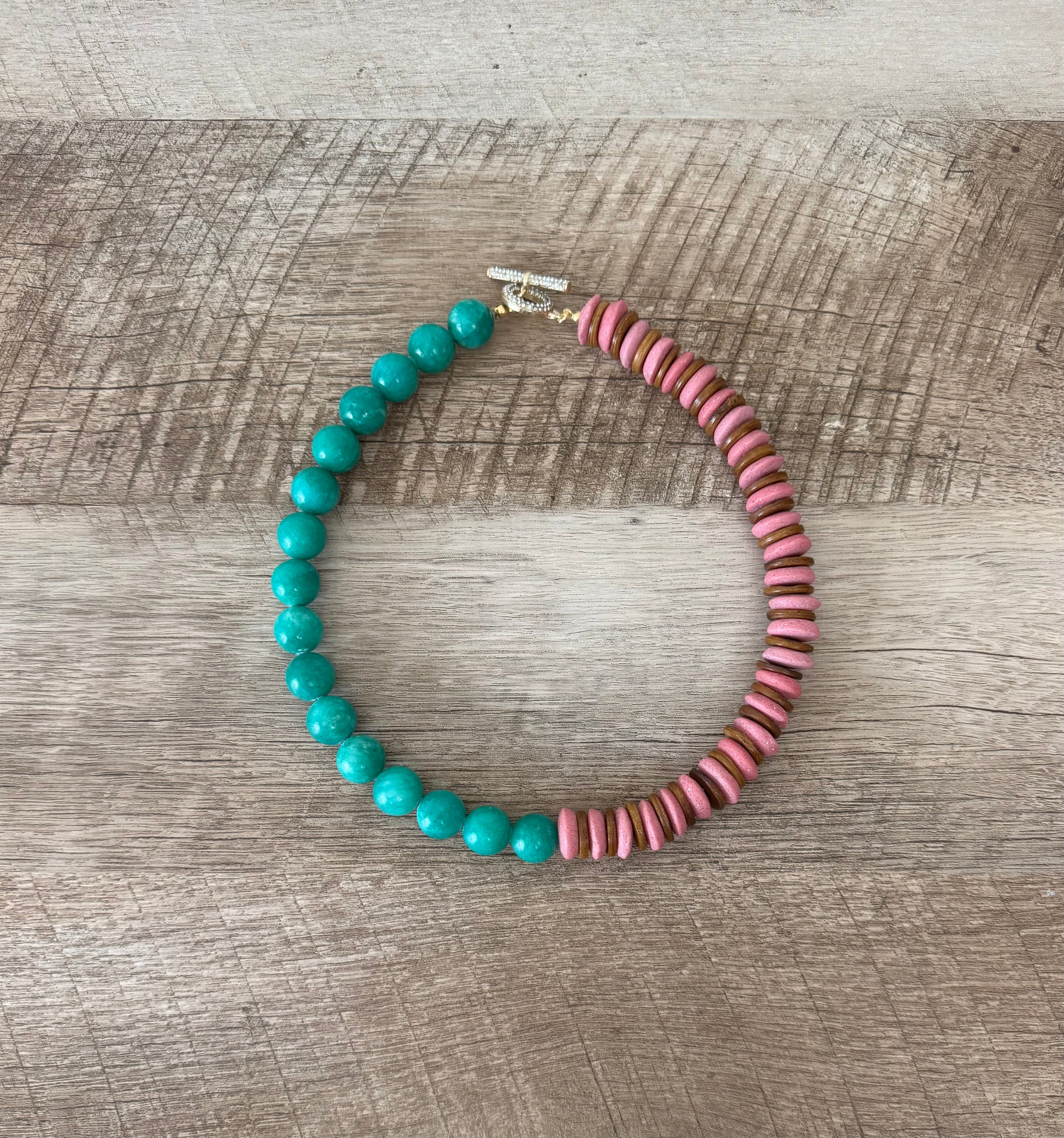 Freshly Picked Necklace: Ashanti glass, wood and Jade with a gold pavé clasp