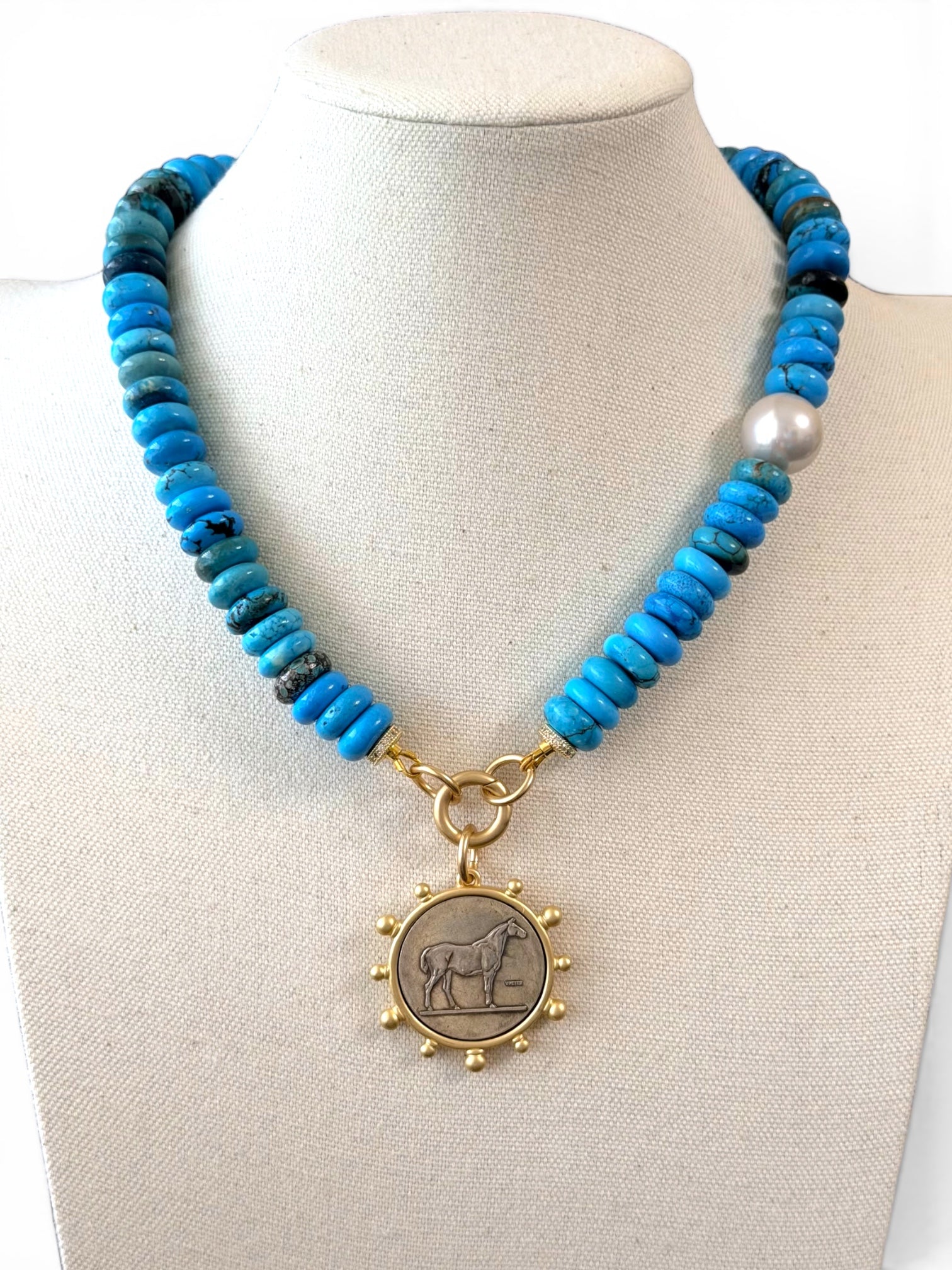 The Saddle & Stone Necklace: Turquoise, Baroque Pearl and Matte Gold OOAK