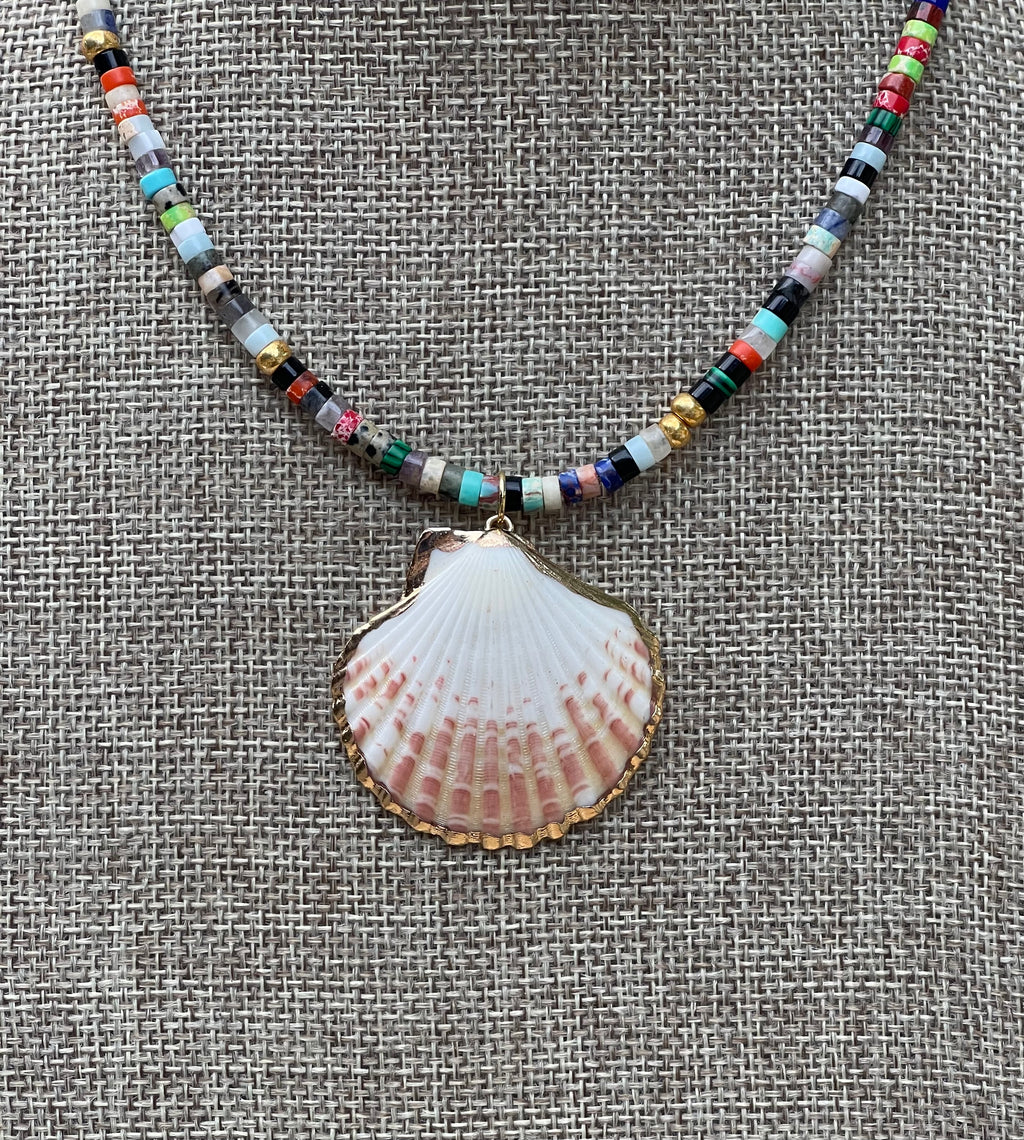 Multi Gem Seashell Necklace: Large variety of natural gemstone beads gold accents Natural seashell pendant