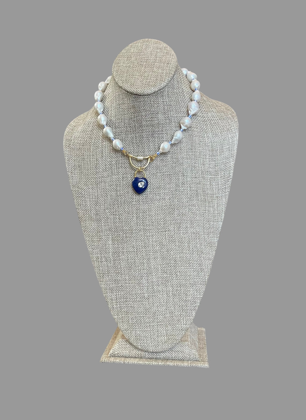 The Gabrielle Necklace: High Quality Baroque Pearls, Blue accent beads and a Lapis Lazuli Heart Pendant OOAK