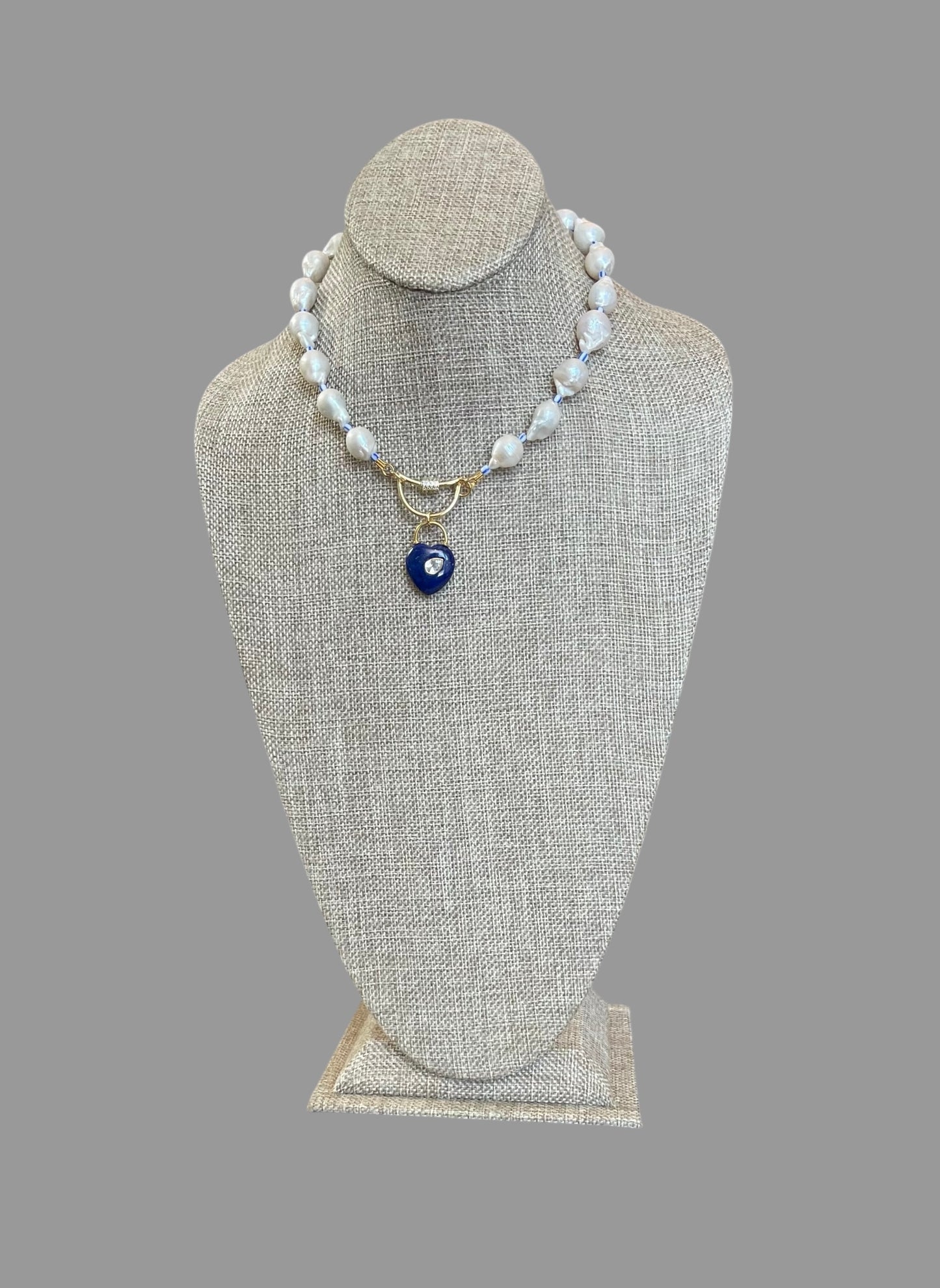 The Gabrielle Necklace: High Quality Baroque Pearls, Blue accent beads and a Lapis Lazuli Heart Pendant OOAK