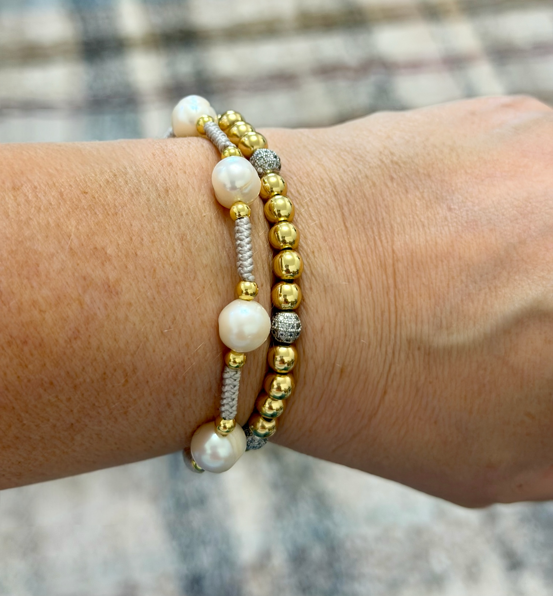 Quiet Luxury Bracelet: Freshwater Pearls, gold accents, hand woven and adjustable length