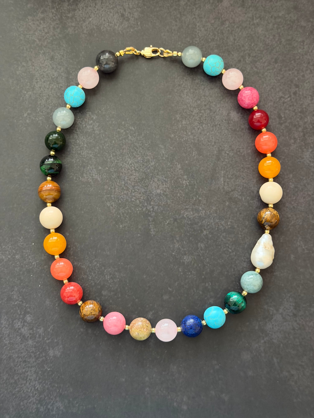 The Storyteller Necklace: Multi-Color Gemstones with a Baroque Pearl