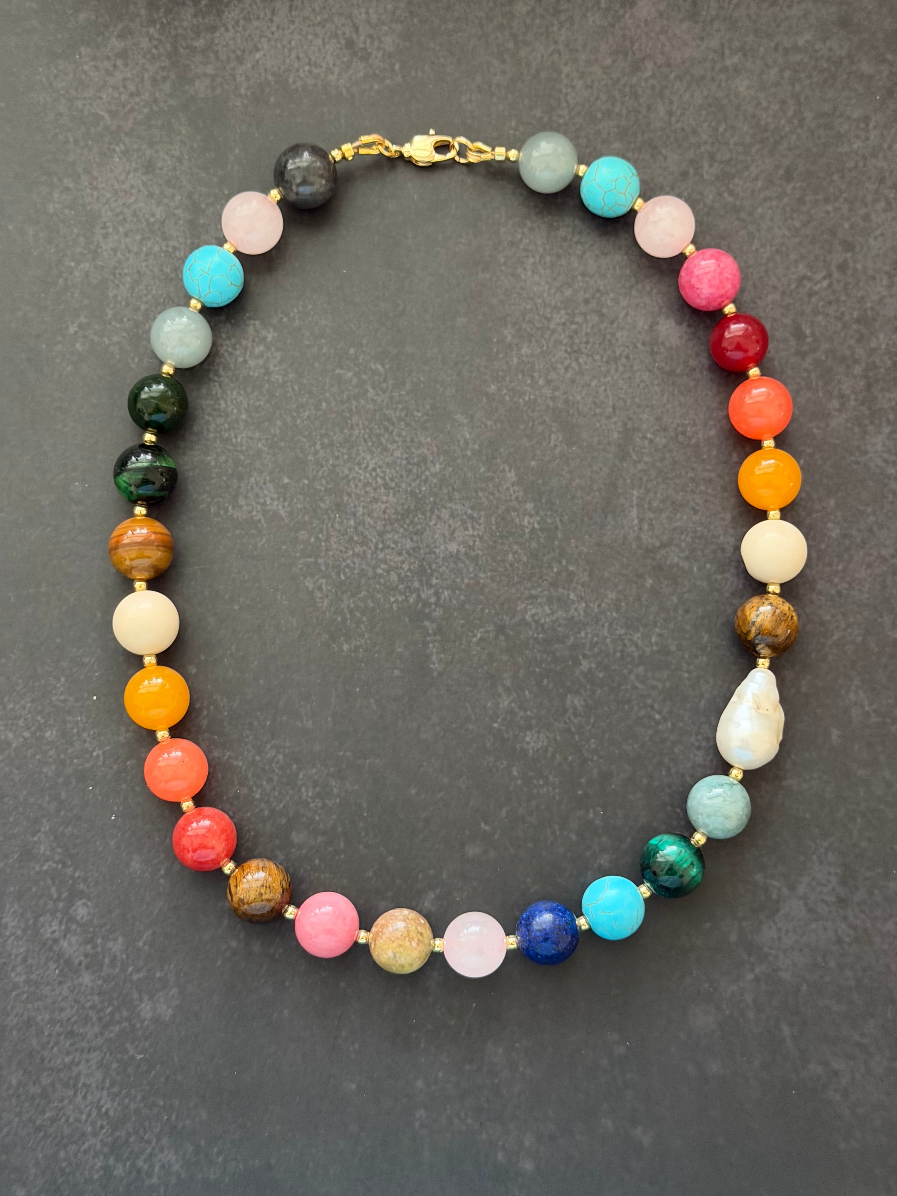 The Storyteller Necklace: Multi-Color Gemstones with a Baroque Pearl