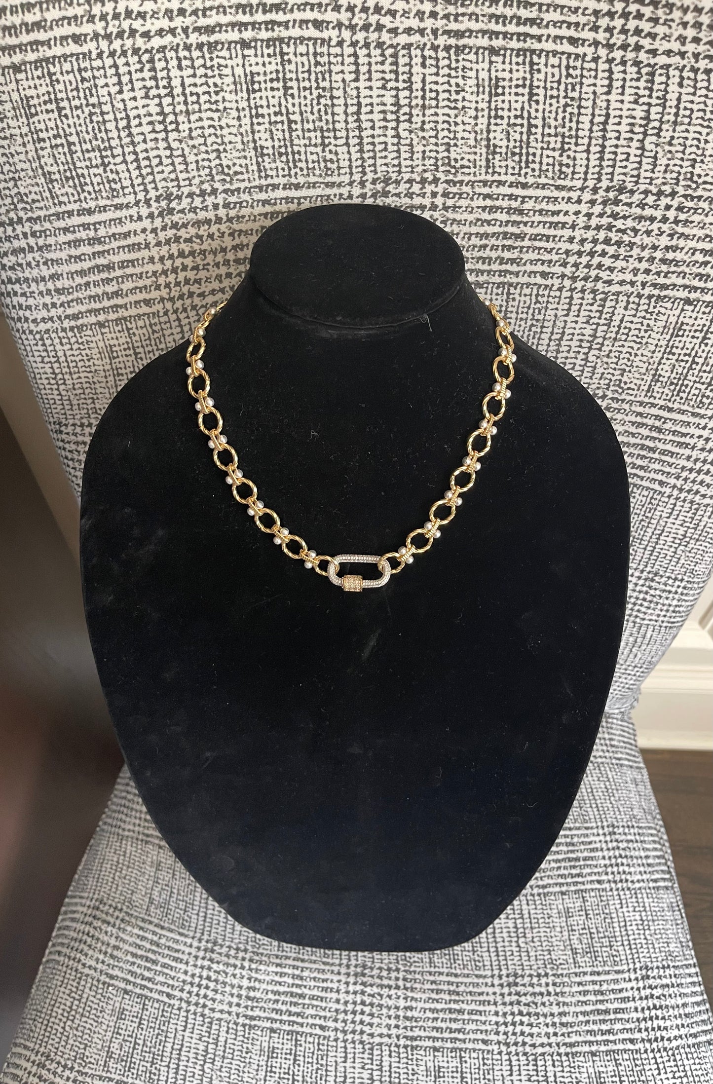 Park Ave Necklace: Brushed Gold Circle Chain w Silver accents and Pavé Mixed Metal Carabiner Clasp