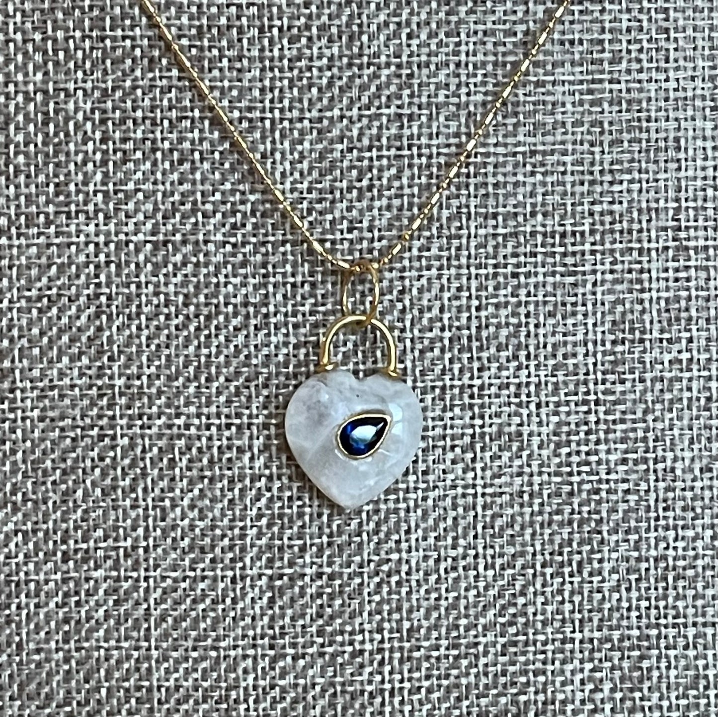 Moonlit Glow Necklace: Natural Moonstone Carved Heart Pendant w Blue CZ inset Gold Vermeil Chain OOAK