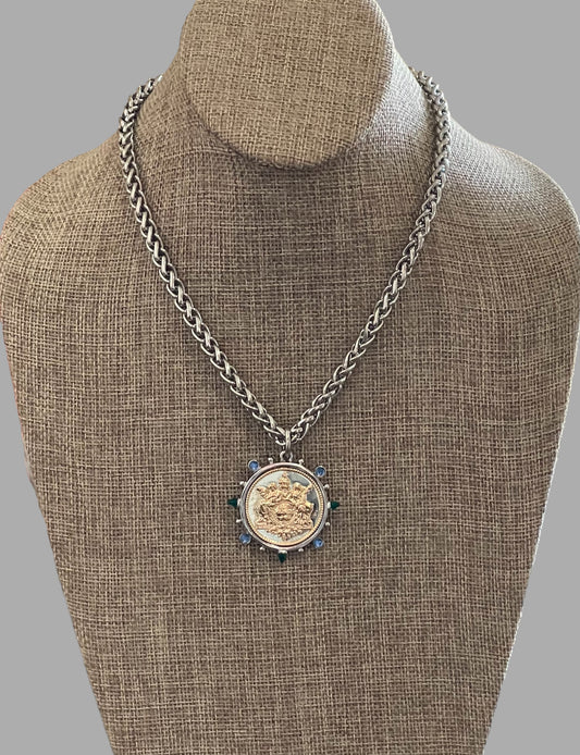 Le Monde Necklace: Rhodium Silver Wheat Chain with Silver & Gold French Replica Coin Pendant