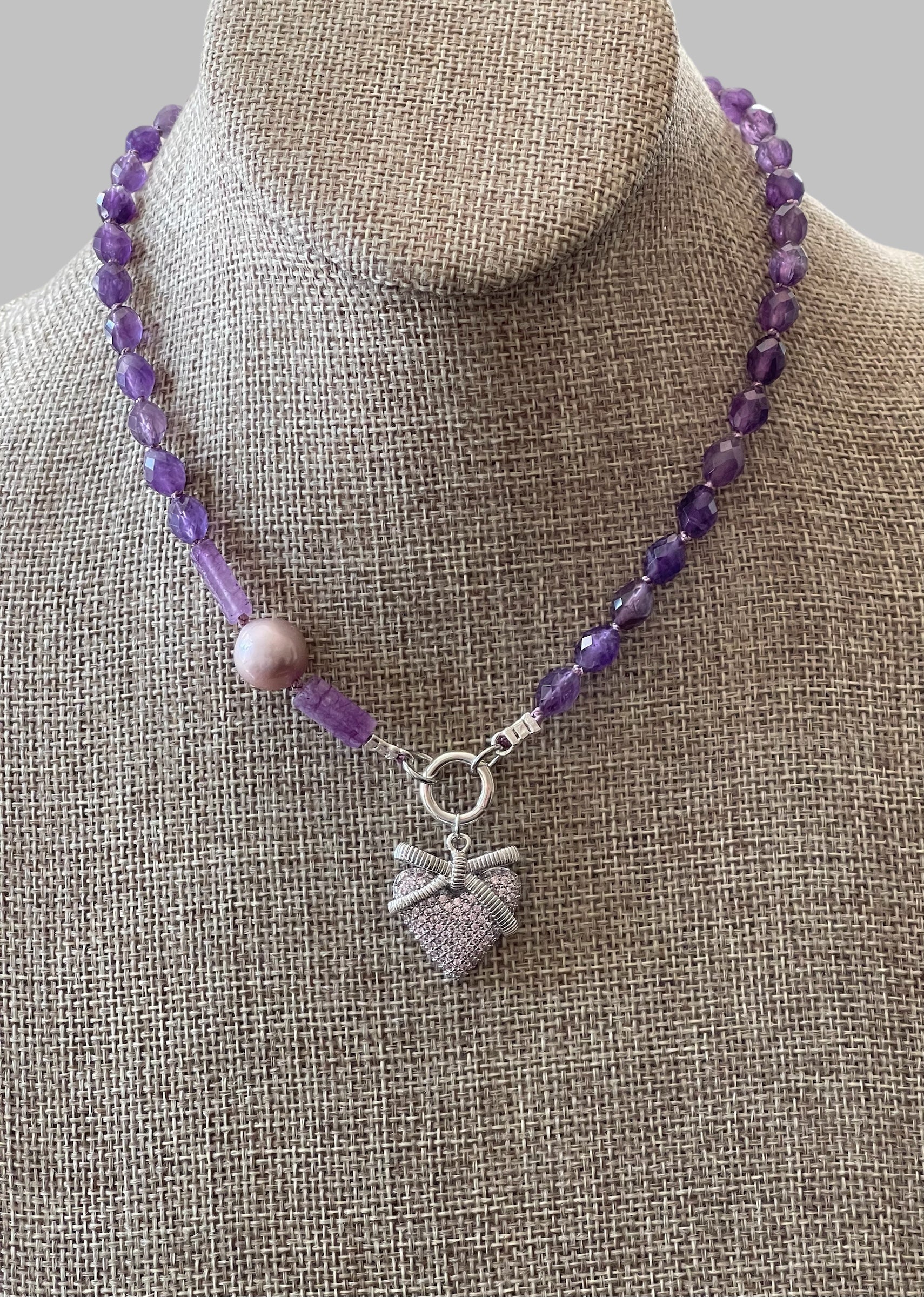 The Amelia Necklace OOAK: Faceted Amethyst hand knotted with a lavender Edison Pearl & pavé heart Silver accents