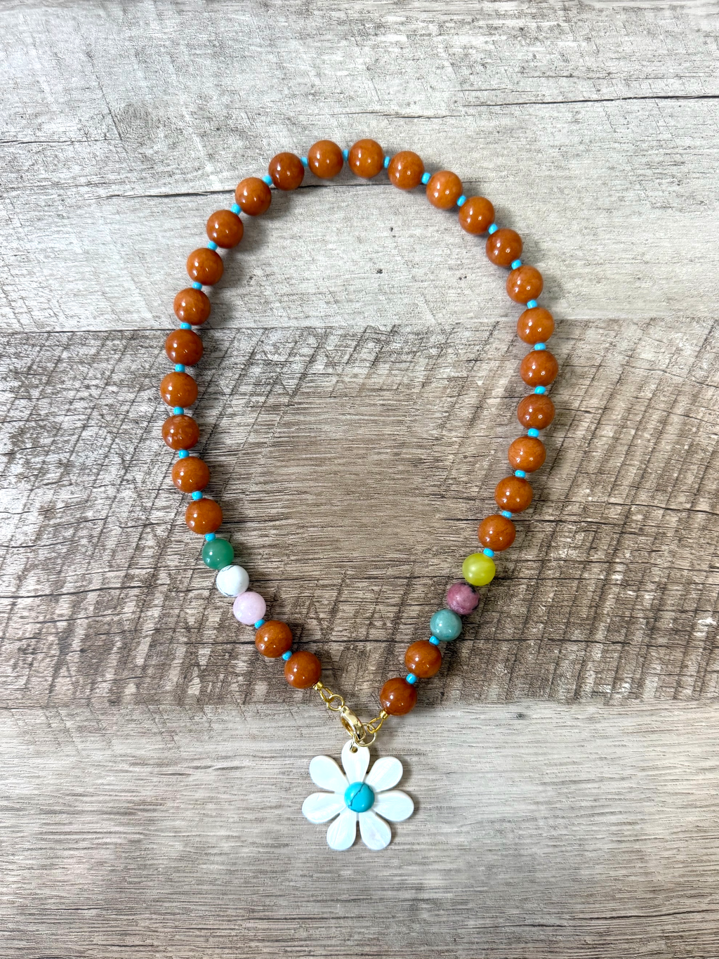 Autumn Wildflower: Deep orange Calcite beads Gemstone accent beads Mother of Pearl flower