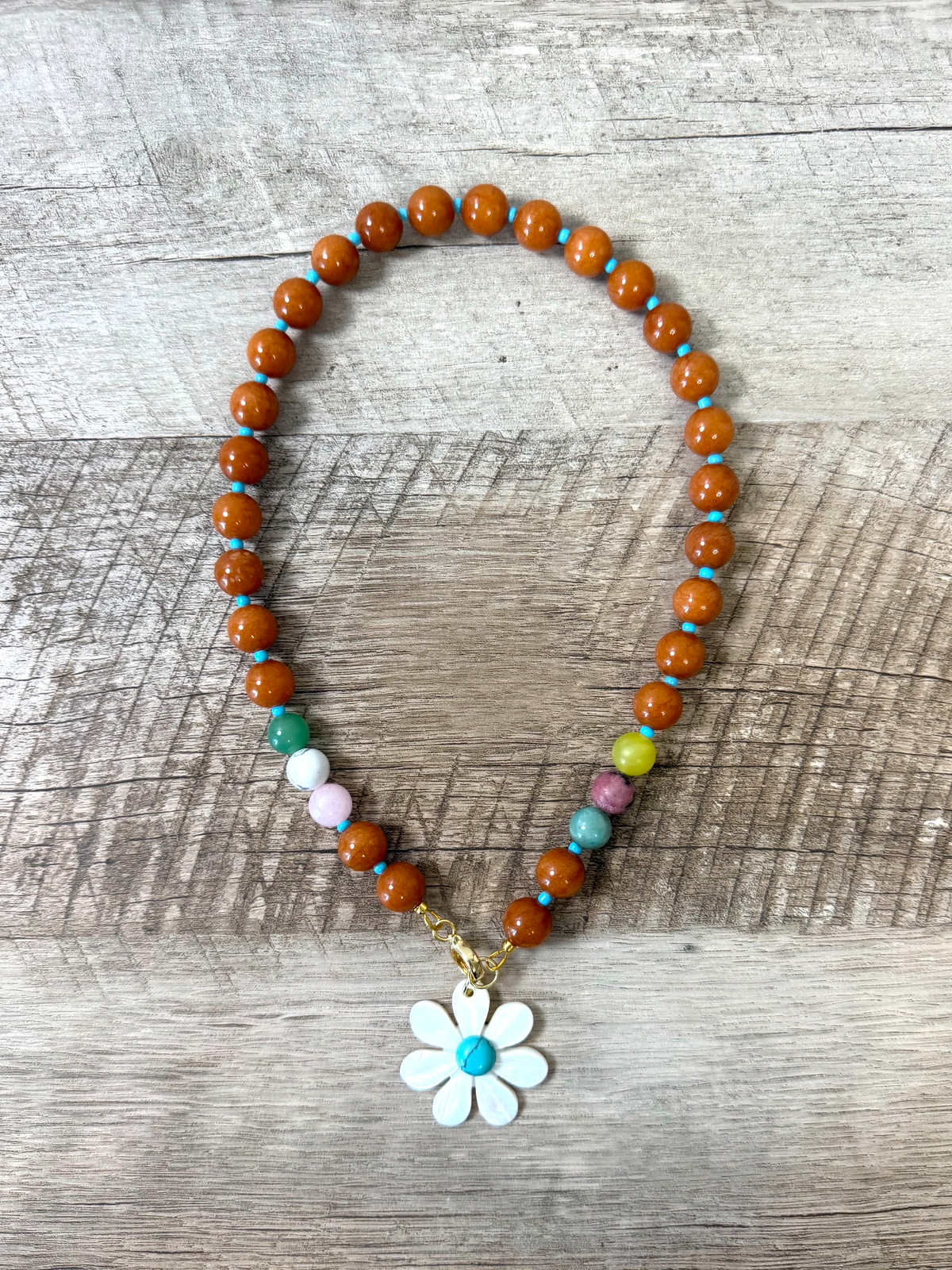 Autumn Wildflower: Deep orange Calcite beads Gemstone accent beads Mother of Pearl flower