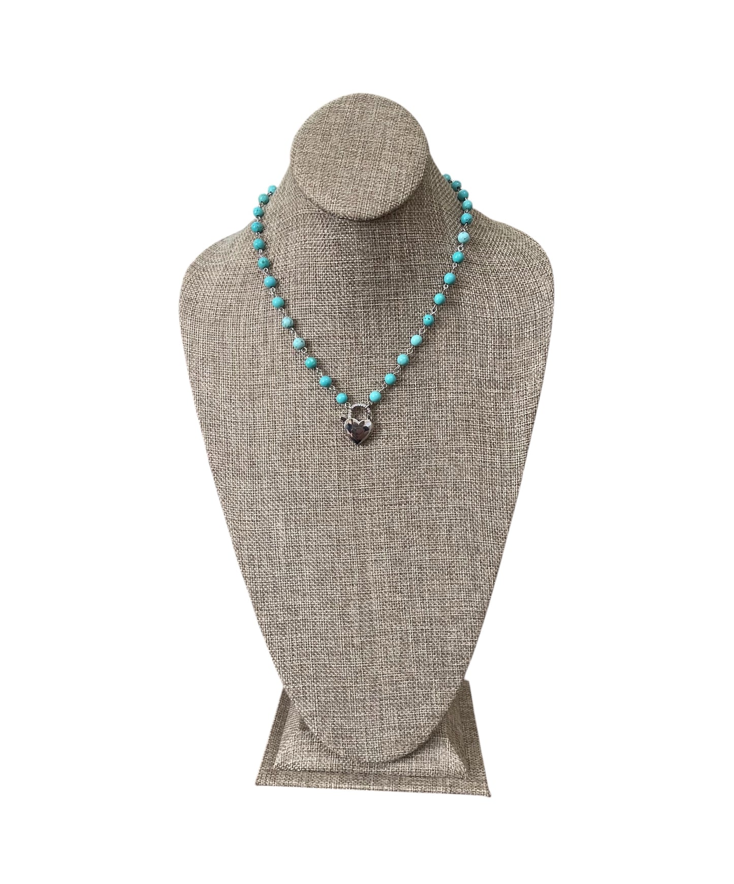 Petite Turquoise Heartbeat Necklace: 6mm Turquoise bead-n-link chain with Silver padlock style clasp charm