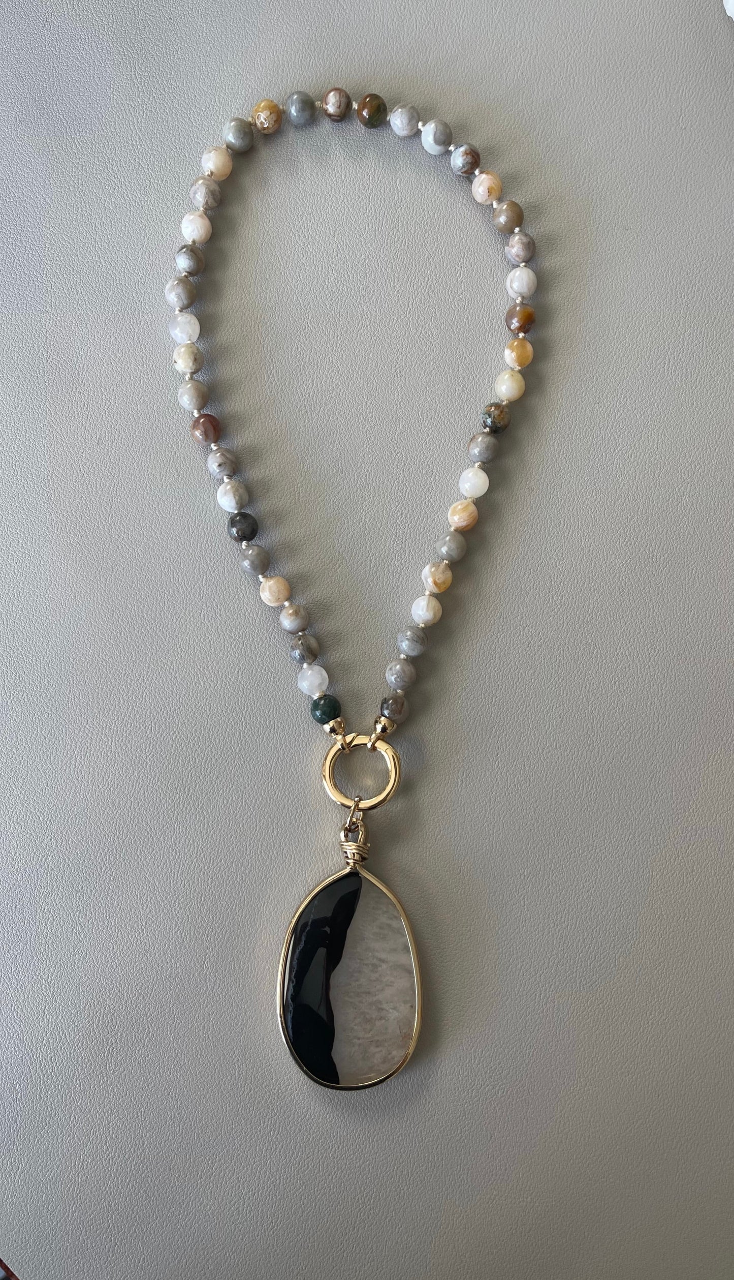 OOAK: Bamboo Agate Hand Knotted Beads with Gold Vermeil Clasp and Mixed Color Agate Stone Pendant