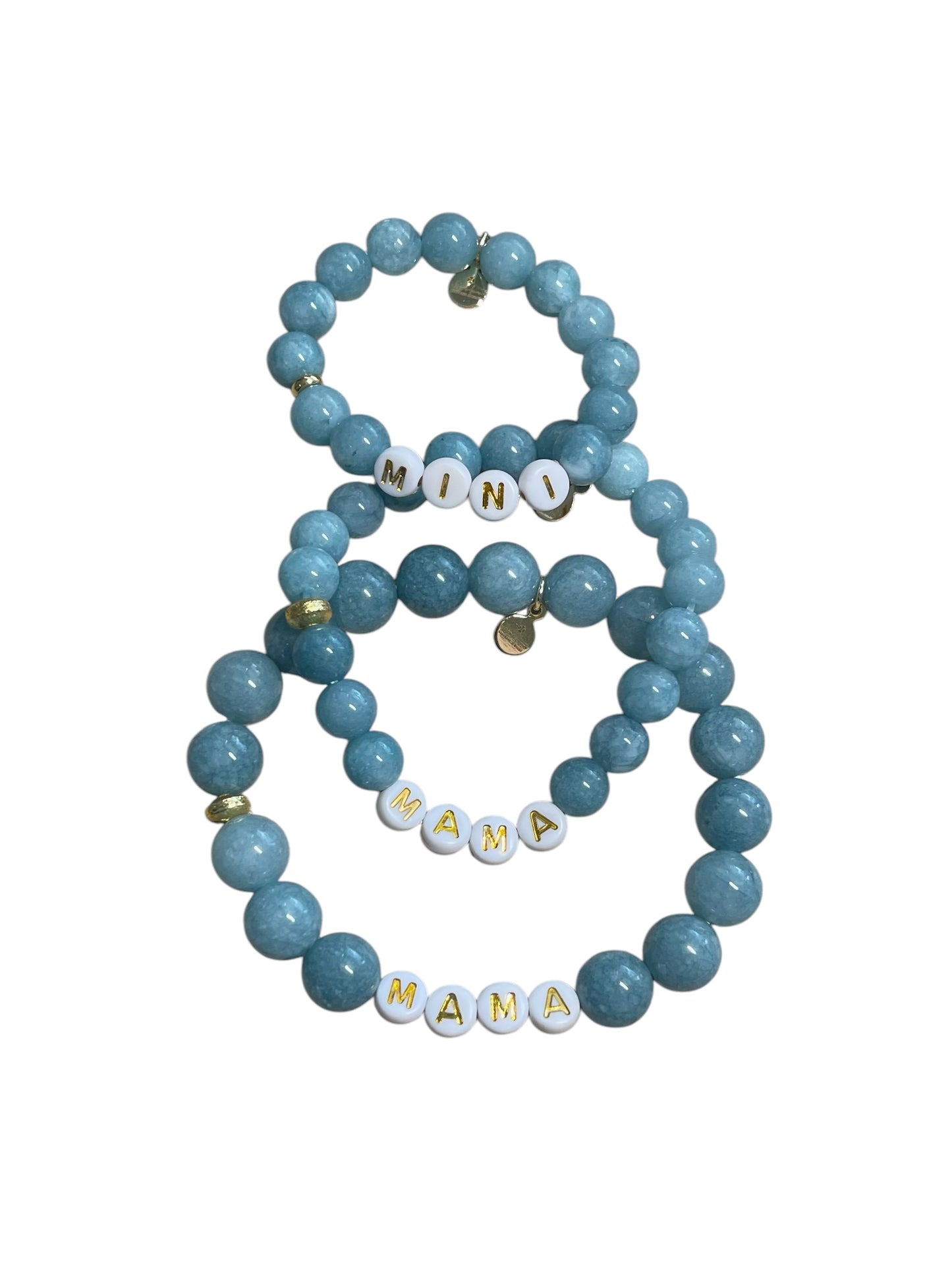 Mama & Mini Bracelets: Blue Jade round bead stretch bracelets Gold accents