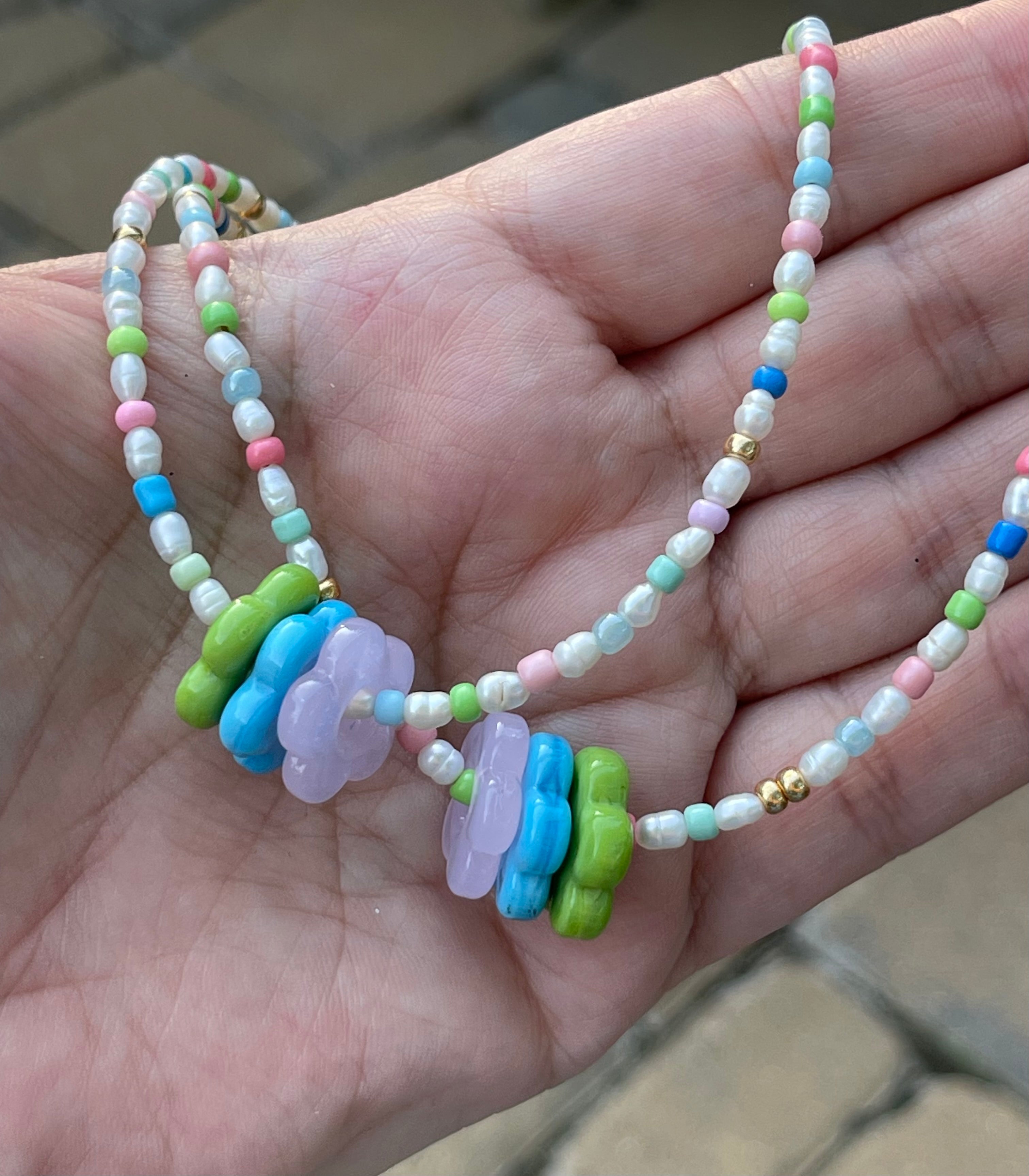 Candy Petals Necklace for Girls/Teens: Freshwater Pearls, Candy colored accents, Fun flower charms and gold clasp and extender