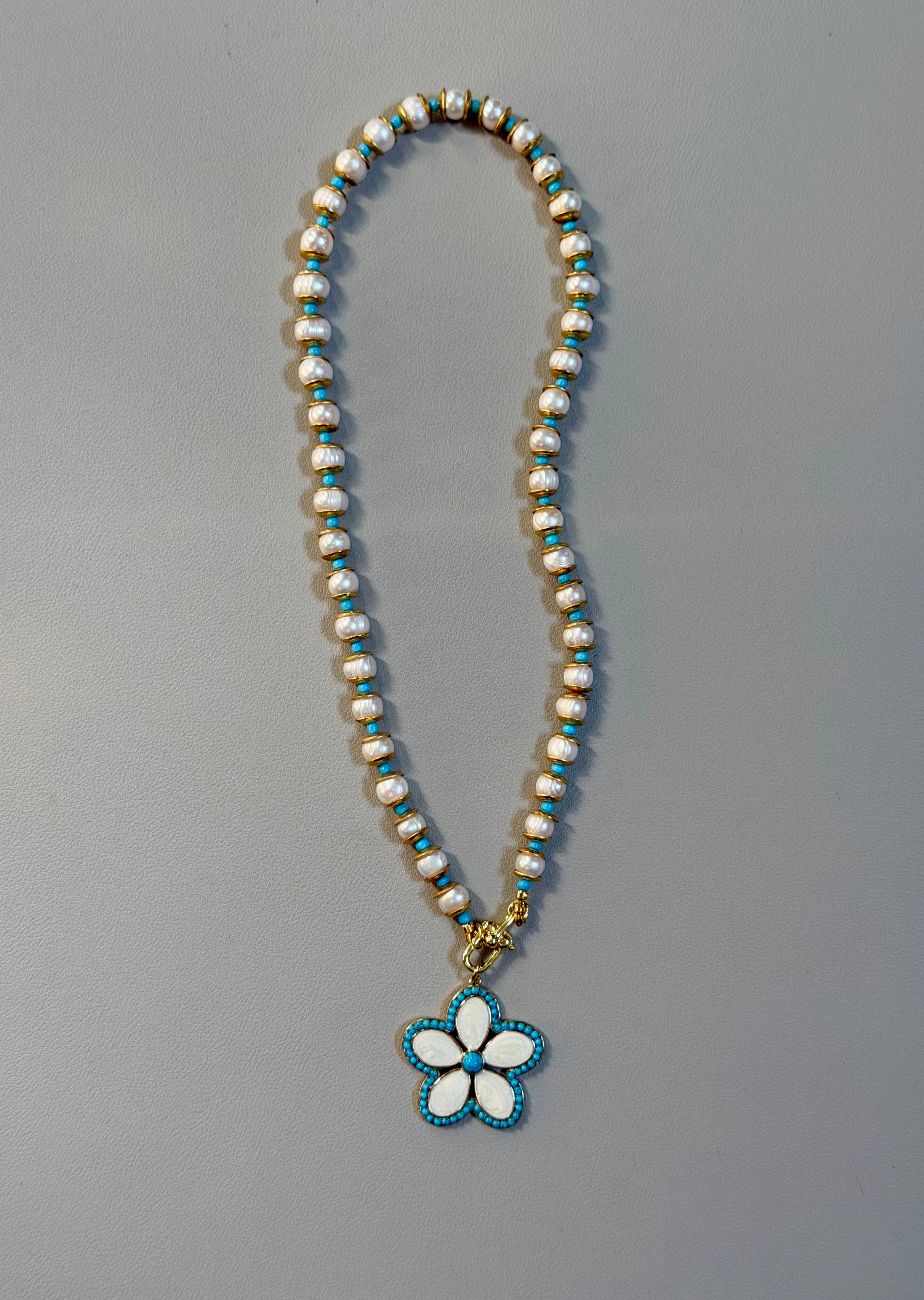 Coastal Petals Necklace: Freshwater Pearls, gold brass & turquoise spacers, Flower pendant OOAK