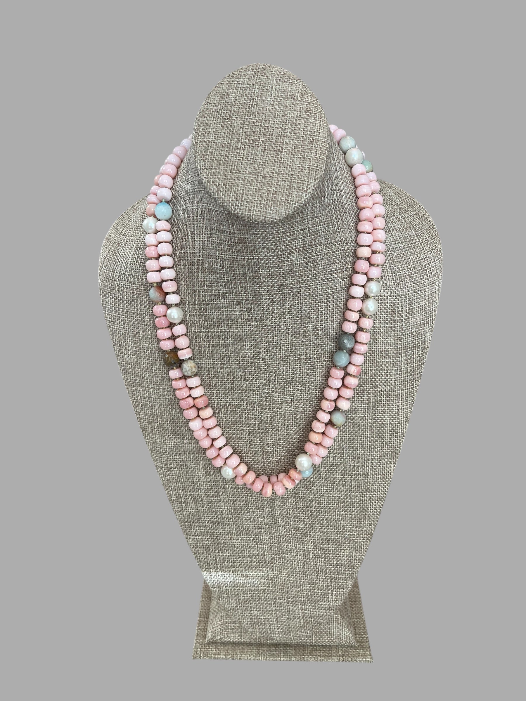The Audrey Necklace: Natural pink opals hand knotted on pale green silk w Pearls and Amazonite