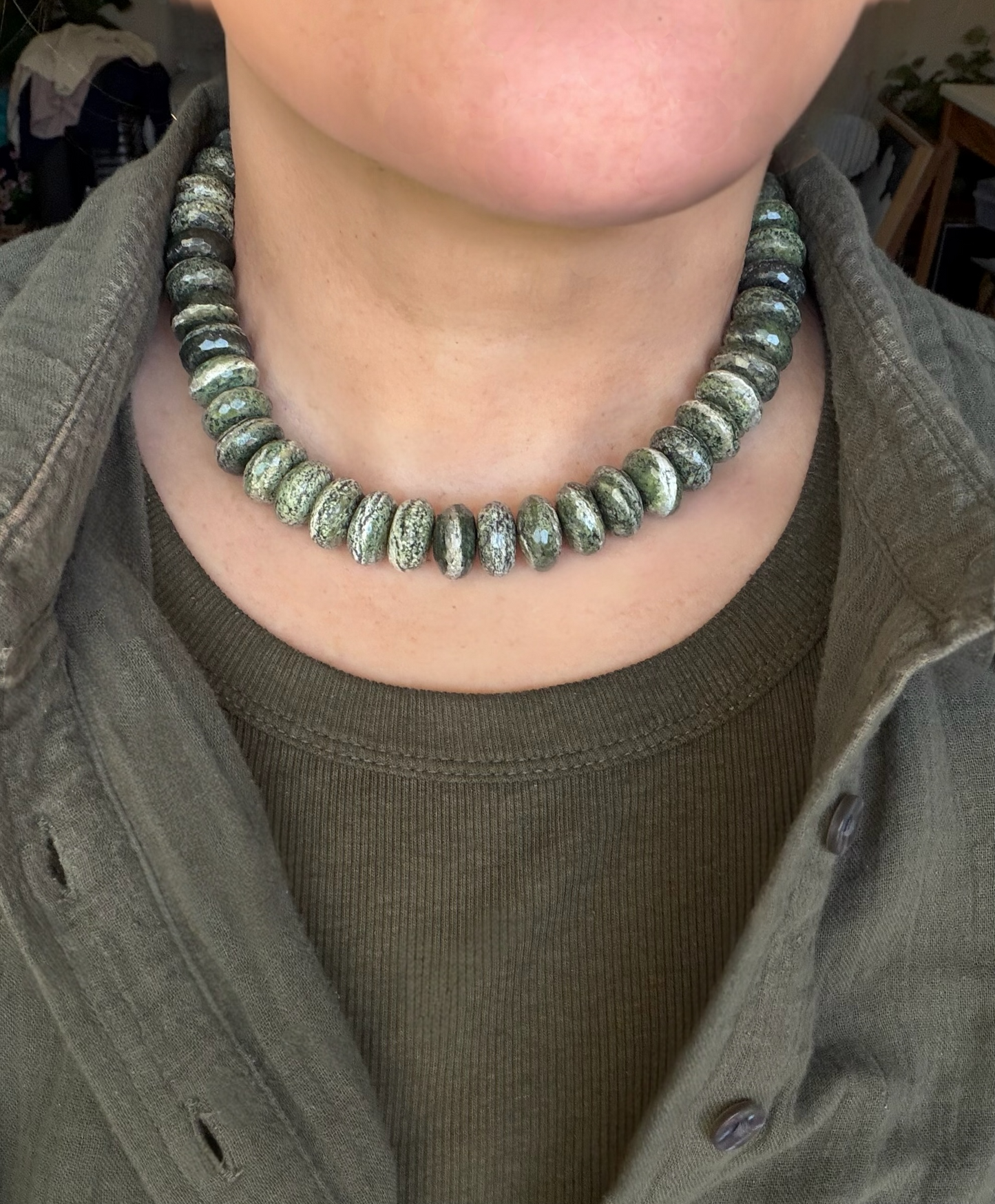 Brazilian Silver Leaf Serpentine Necklace: Stunning green gemstone beads•Oversized gold toggle clasp•OOAK