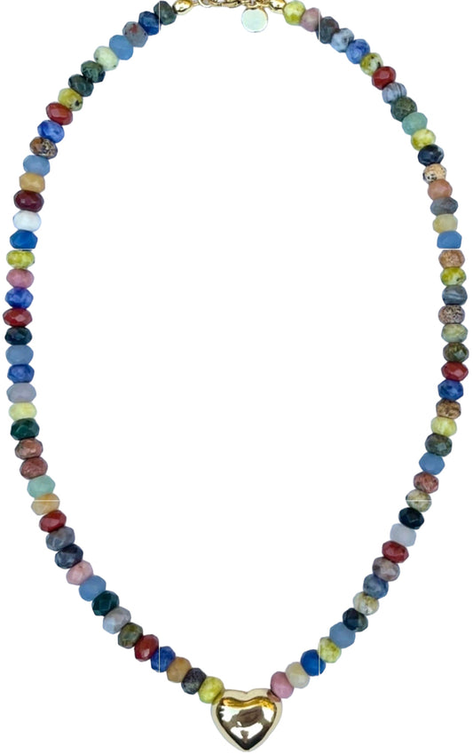 Canopy of Color Necklace: Mixed & Faceted Natural Stones with a Gold Heart Centerpiece