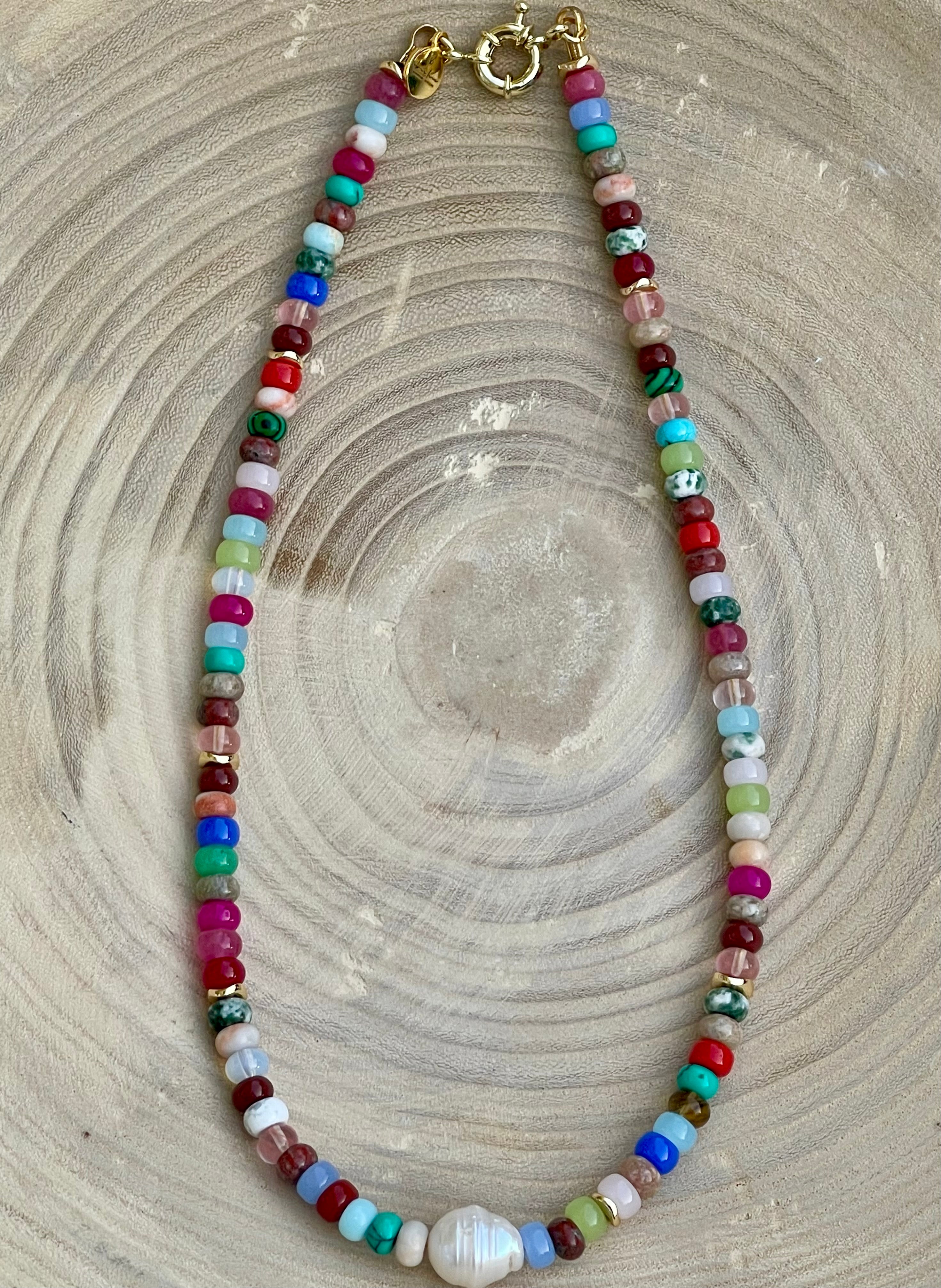 Joie Necklace: Colorful Mix of Natural Gemstones Gold Accent Beads and a Freshwater Baroque Pearl 2 Bead Size Options 6mm or 8mm
