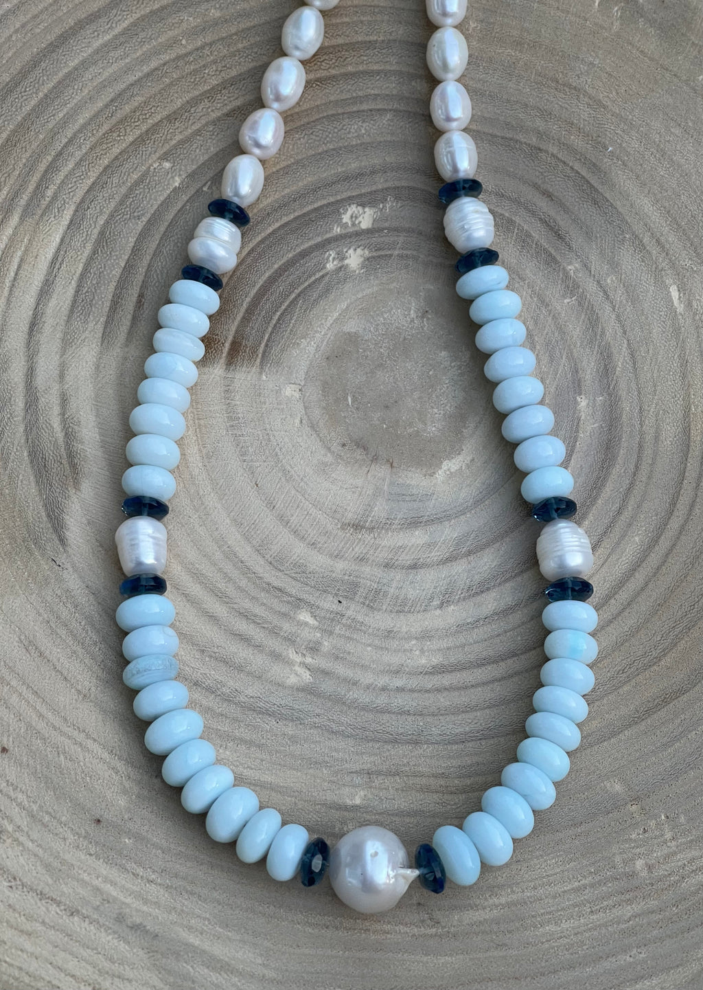 Coastal Charm Necklace OOAK: Pale blue opals AAA quality pearls London blue topaz Brushed silver clasp