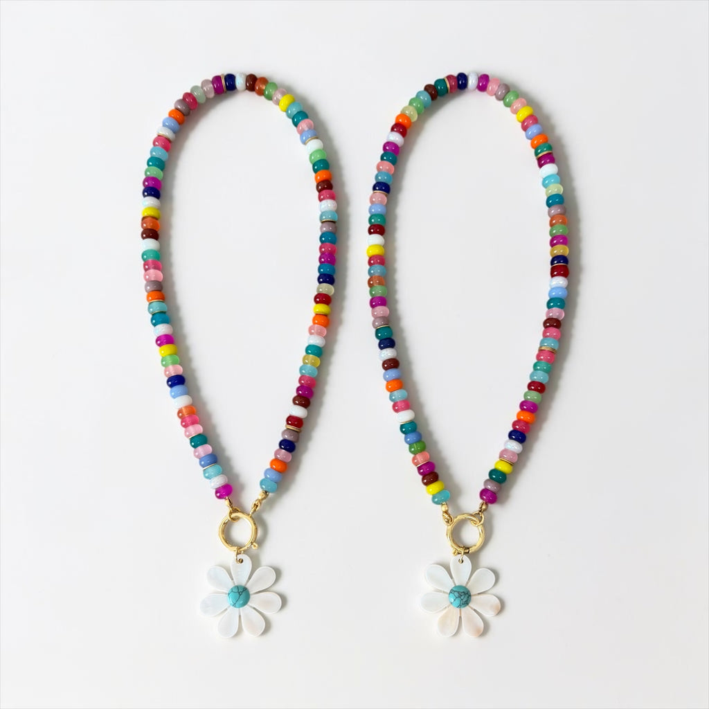 Happy Bloom Necklace: Mixed Gemstones & Glass beads Mother of Pearl Pendant