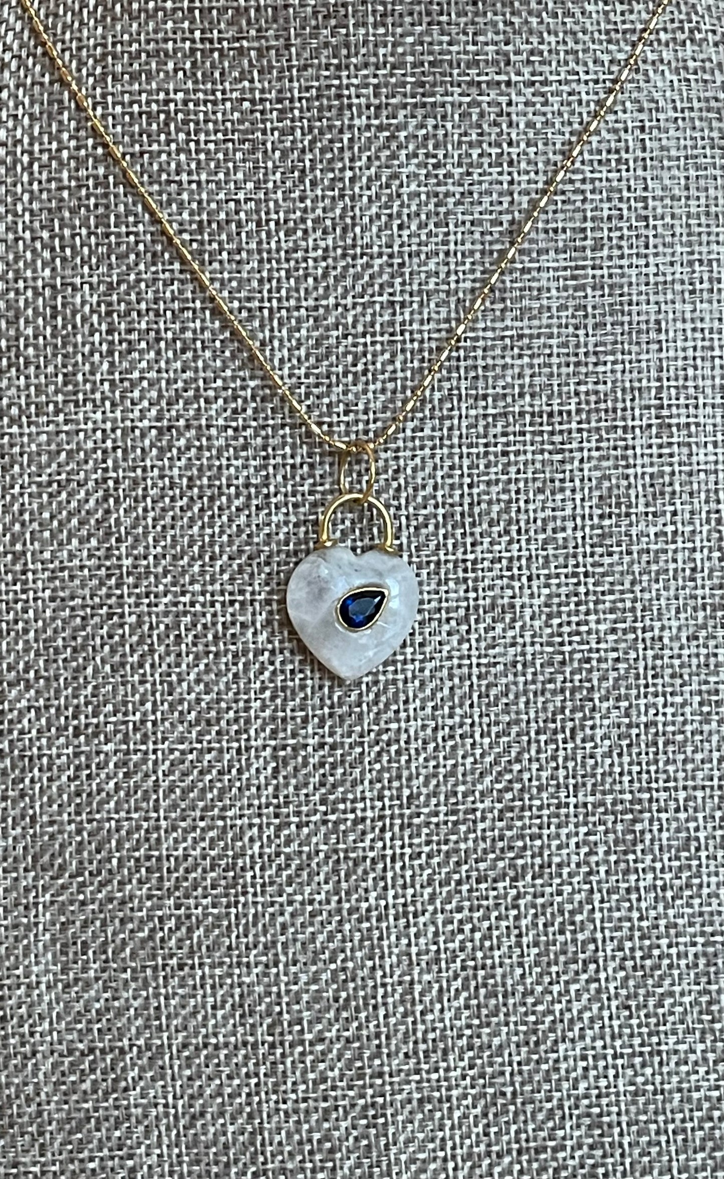 Moonlit Glow Necklace: Natural Moonstone Carved Heart Pendant w Blue CZ inset Gold Vermeil Chain OOAK