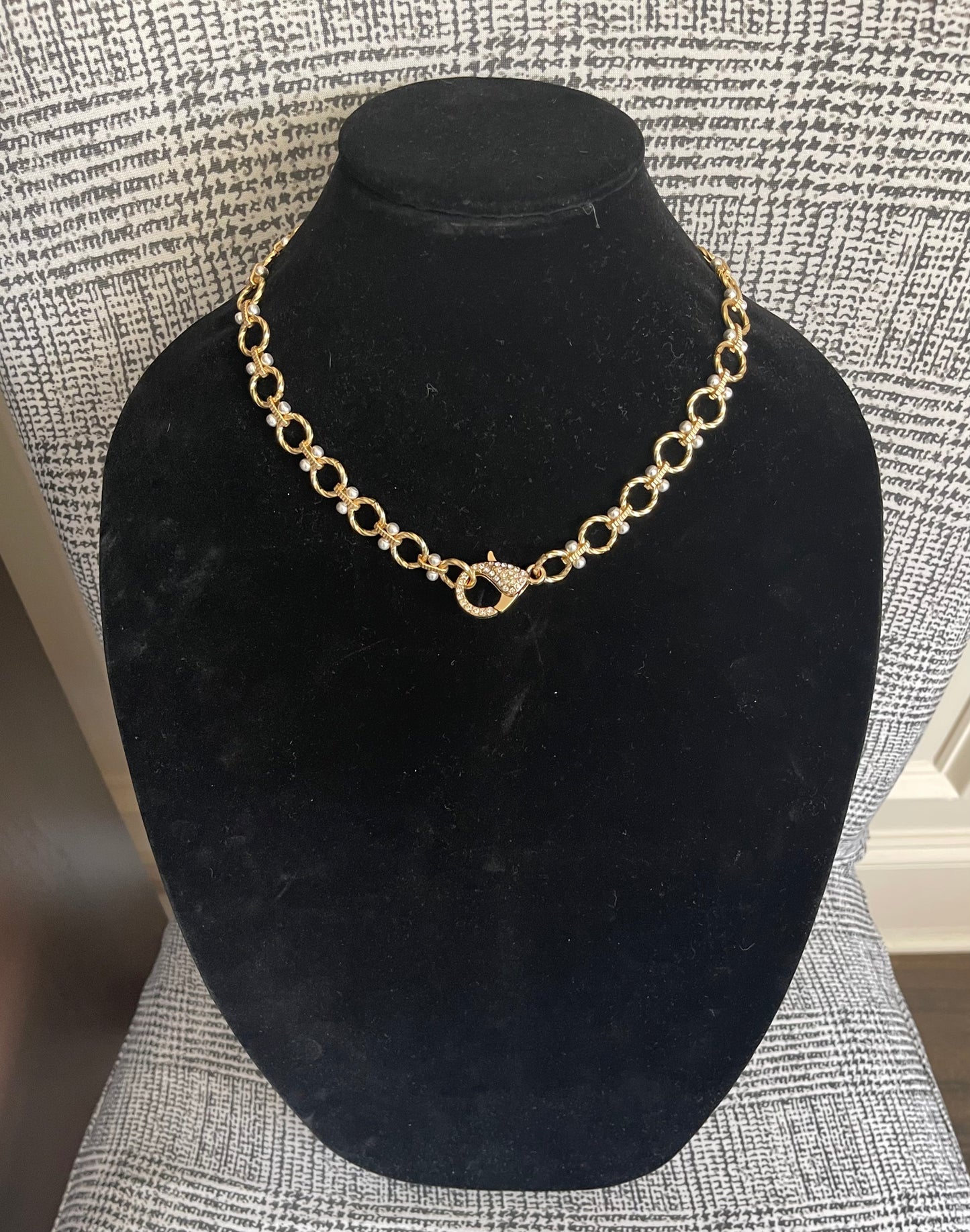 Heather Necklace: Brushed gold circle chain with brushed silver accents and oversized pavé clasp