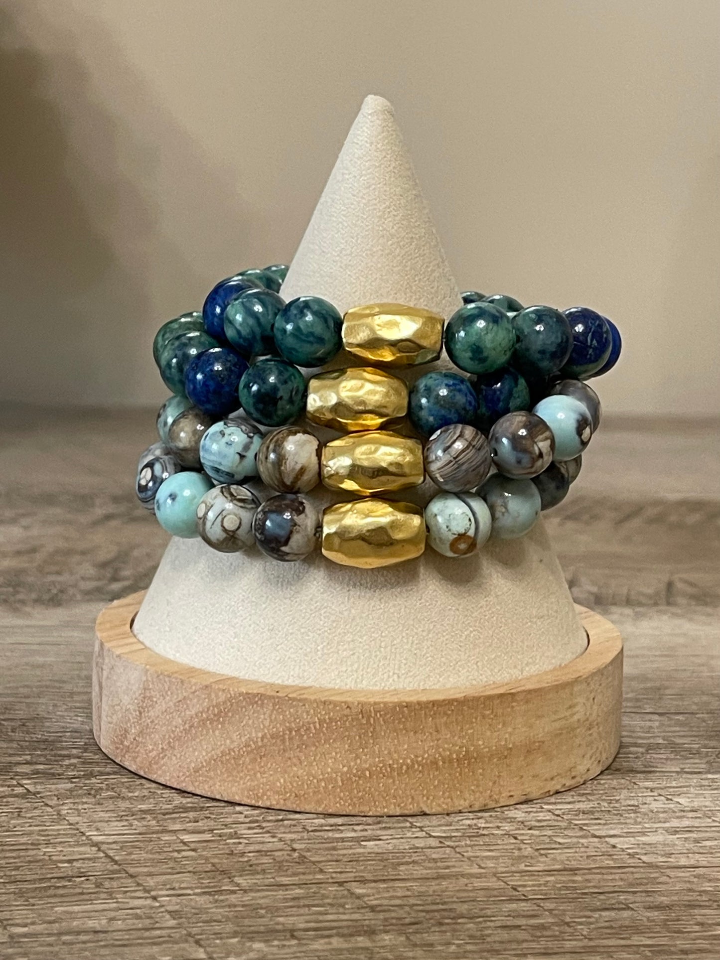 Barrel & Stone Bracelet: Azurite Chrysocholla Gemstone Stretch Bracelet with Gold hammered Artisan bead