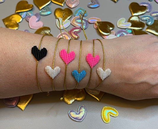 Dainty Color Pop Heart Bracelets: Woven Heart on Gold Cord Adjustable Slide Back Bracelets