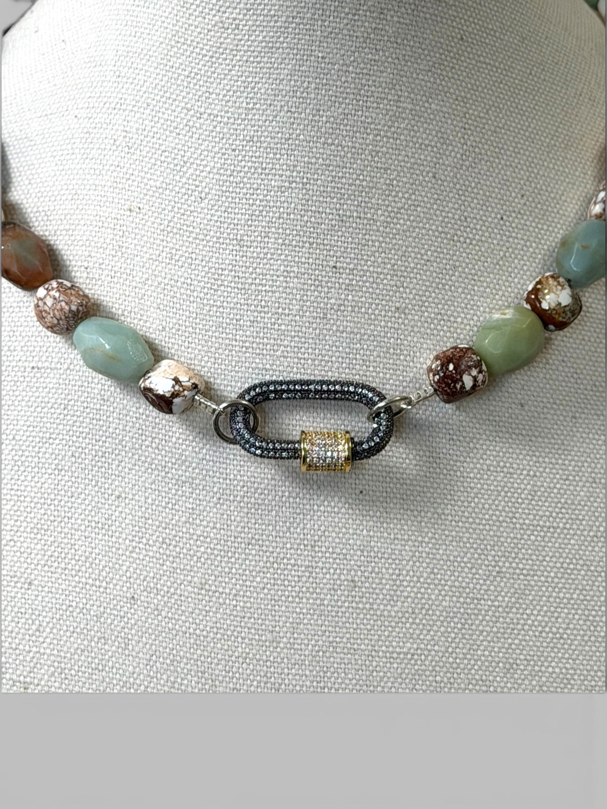 Wild Terrain Necklace: Faceted Amazonite, Wild Buffalo Turquoise Pavé clasp OOAK