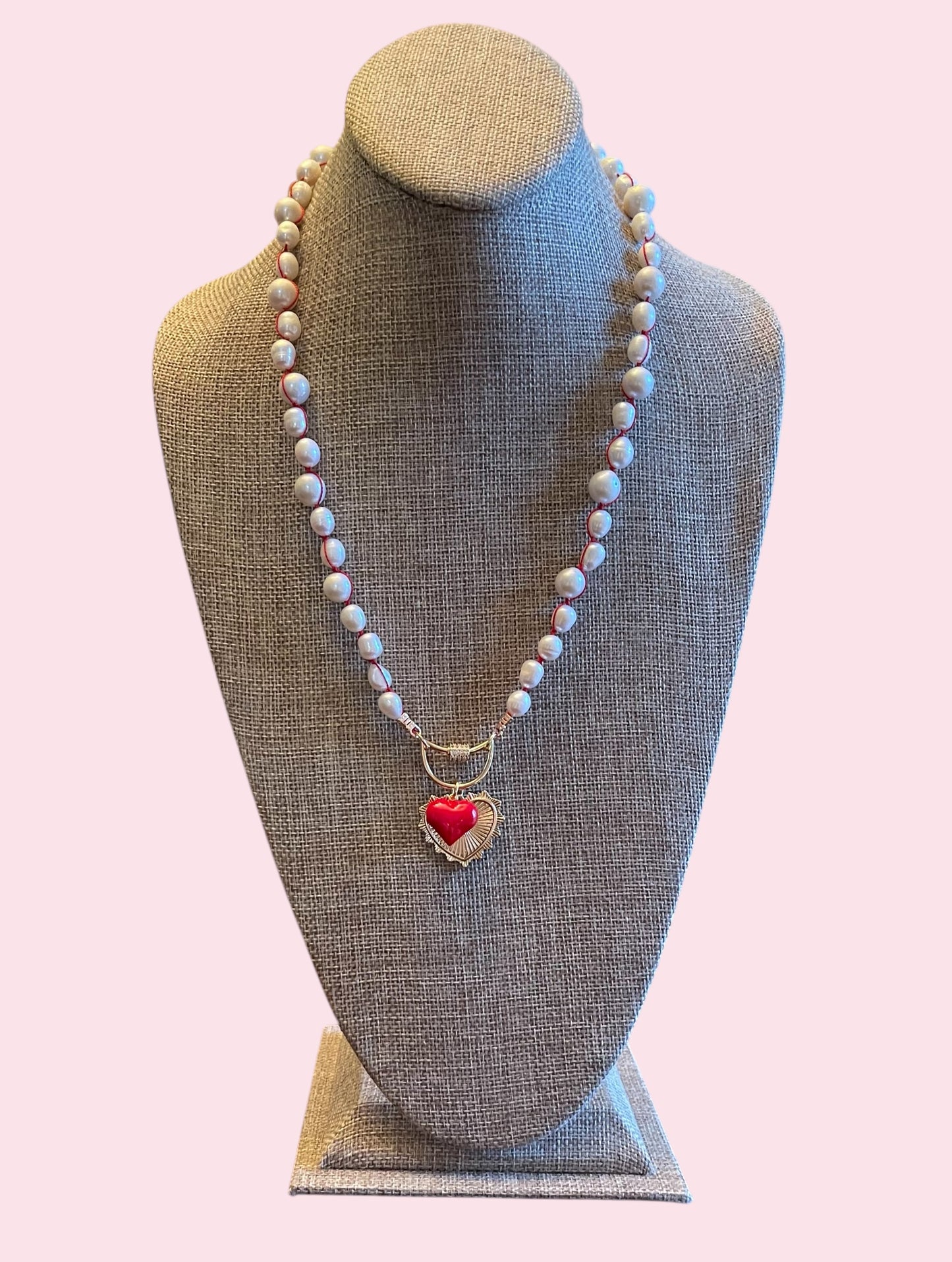 The Heartstrings Necklace: Luminous high quality freshwater pearls hand knotted on red silk w/ gold and red enameled heart charms, pavé accented clasp/charm holder OOAK