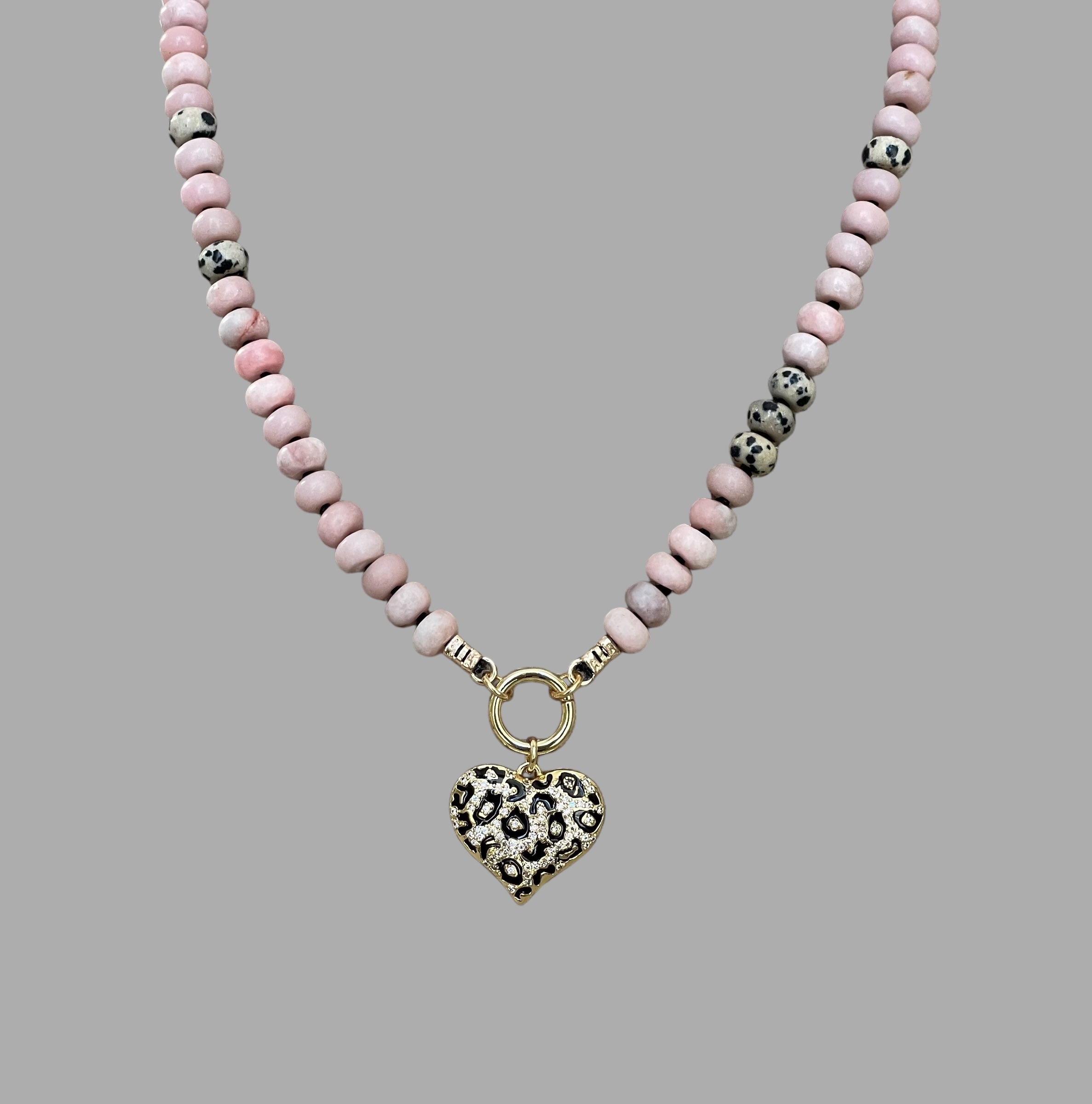 The Pink Leopard Necklace: Natural matte pink opals hand knotted on black silk w Dalmatian Jasper accents Gold pavé leopard heart OOAK