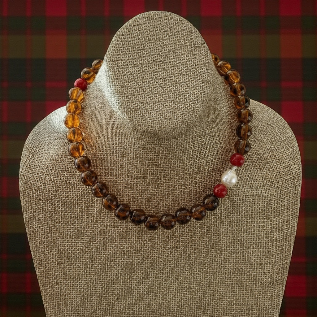 Tortoiseshell Holiday Collar: Resin beads with a natural Baroque Pearl and red glass beads Limited Edition