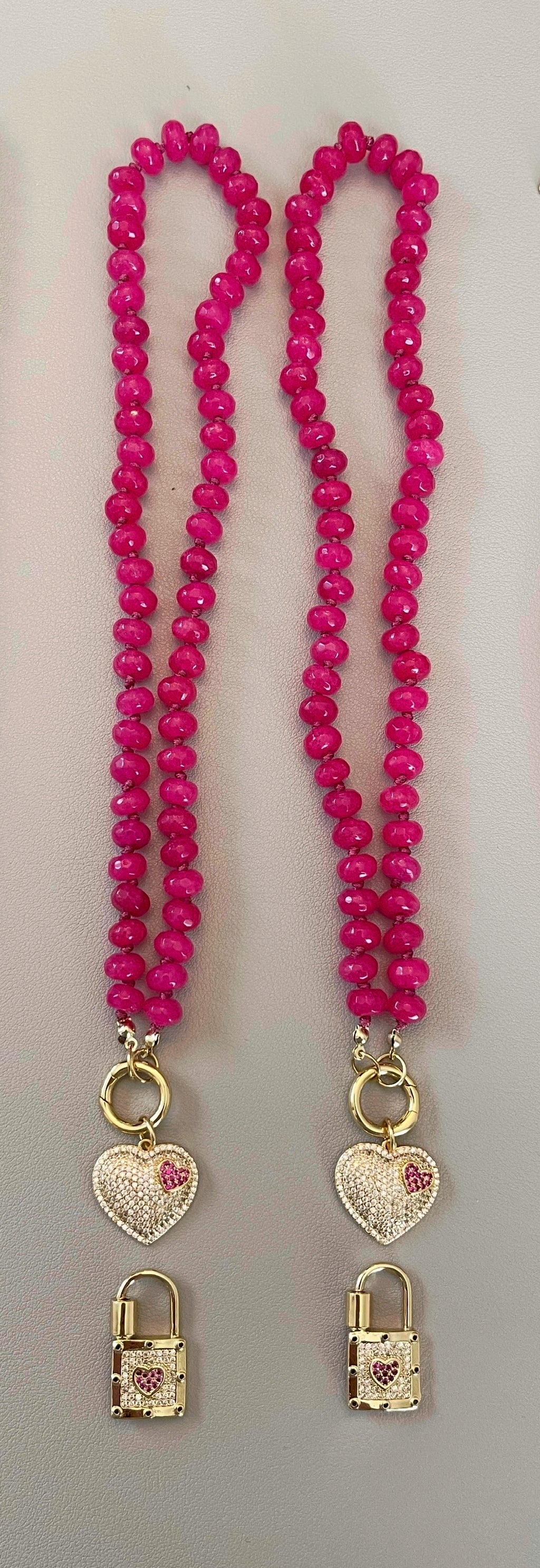 Falling for Fuchsia Necklace: Natural fuchsia crackle Quartz softly faceted Hand knotted beads w/2 Charms 🩷🔒