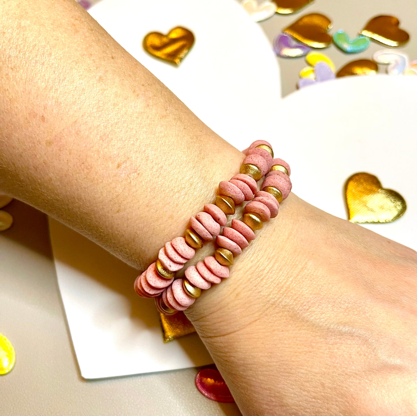 Boho Love: Pink Ashanti Glass Saucer Bead & Gold Wooden Bead Bracelet Stack (2)